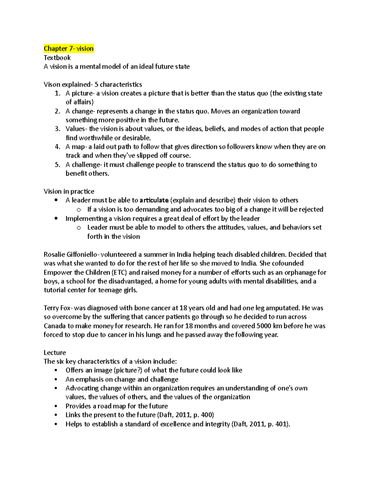 Exam study guide - Lecture notes All - Chapter vision Textbook A vision ...