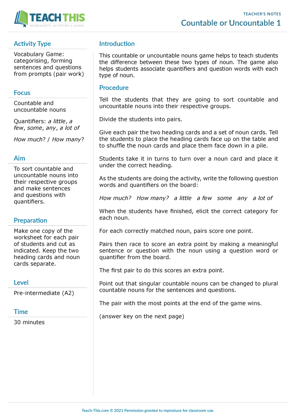 Countable or uncountable 1 - The game also helps students associate  quantifiers and question words - Studocu