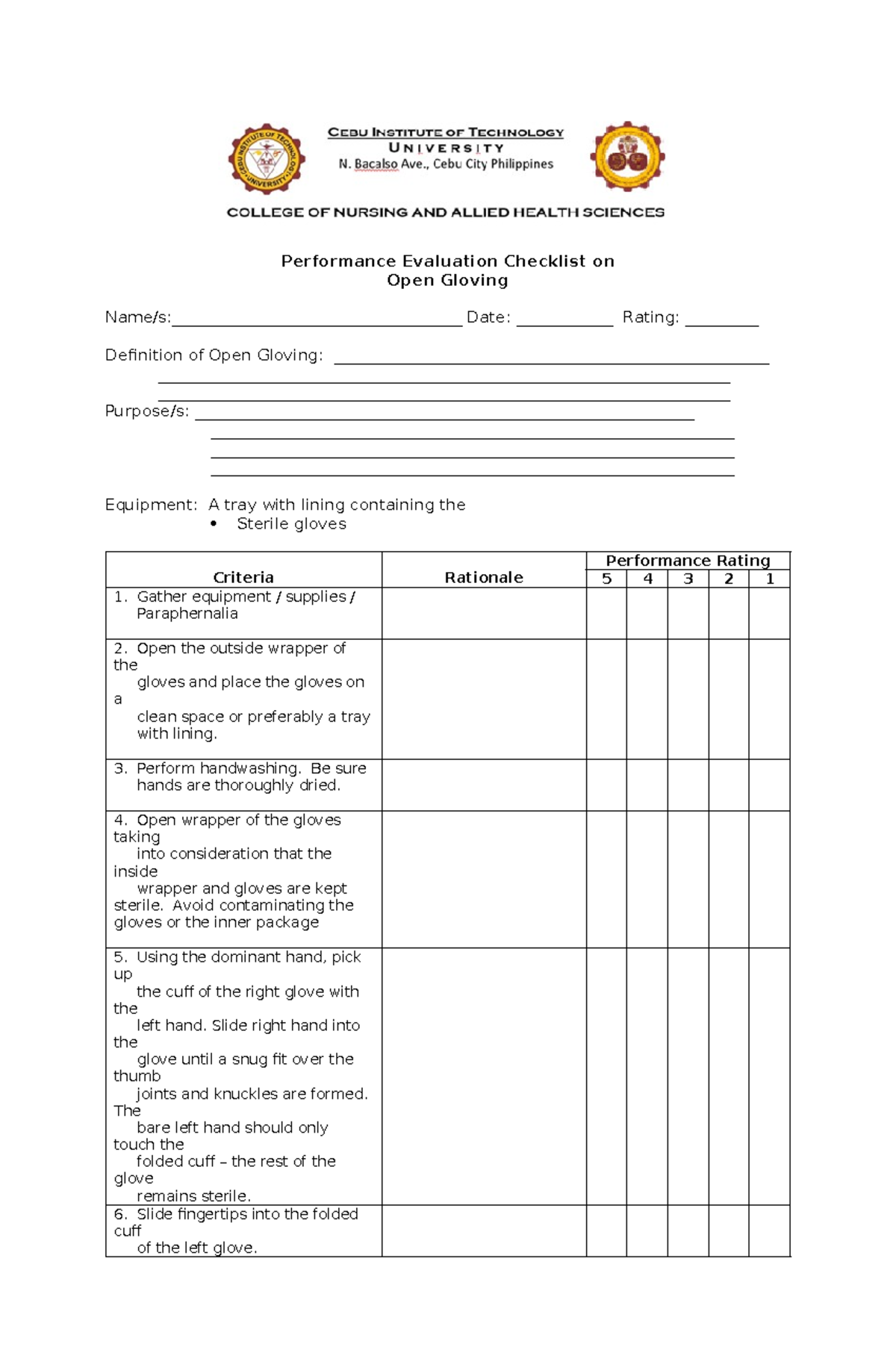 2 Open Gloving - Performance Evaluation Checklist on Open Gloving - Studocu