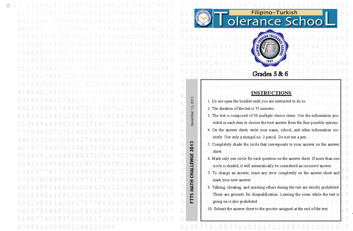 Math Challenge G 5 6 Questions 2013 - πππ === FTTS MATH CHALLENGE 2013 ...