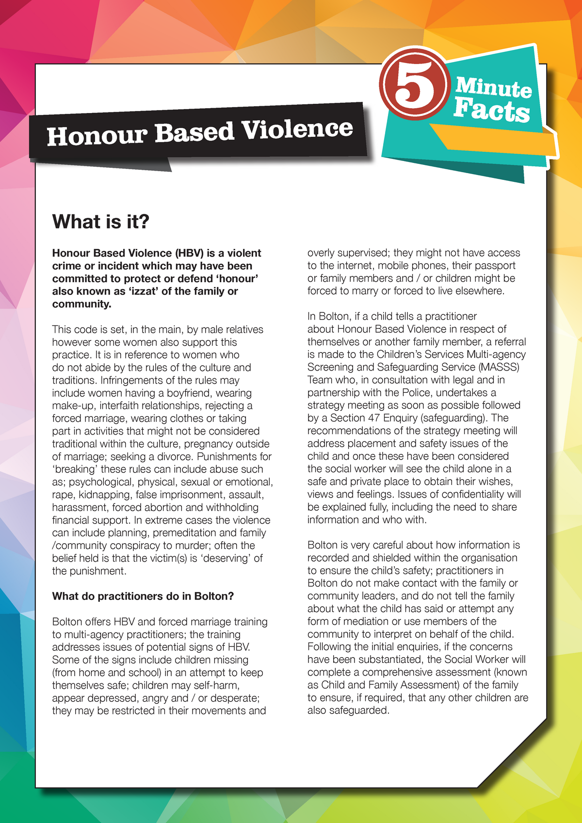 Honour Based Violence Five Minute Facts - What Is It? Honour Based ...