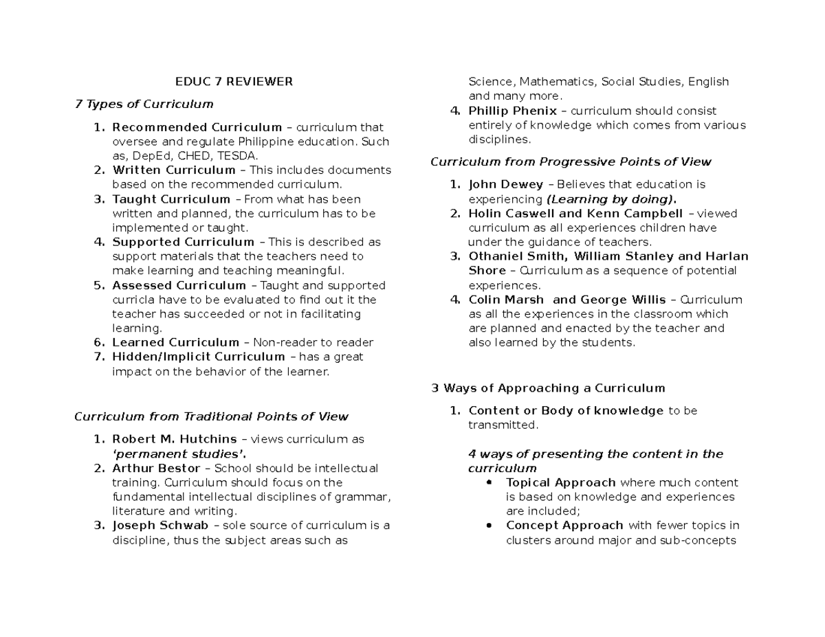 EDUC 7 Reviewer - EDUC 7 REVIEWER 7 Types of Curriculum 1. Recommended ...