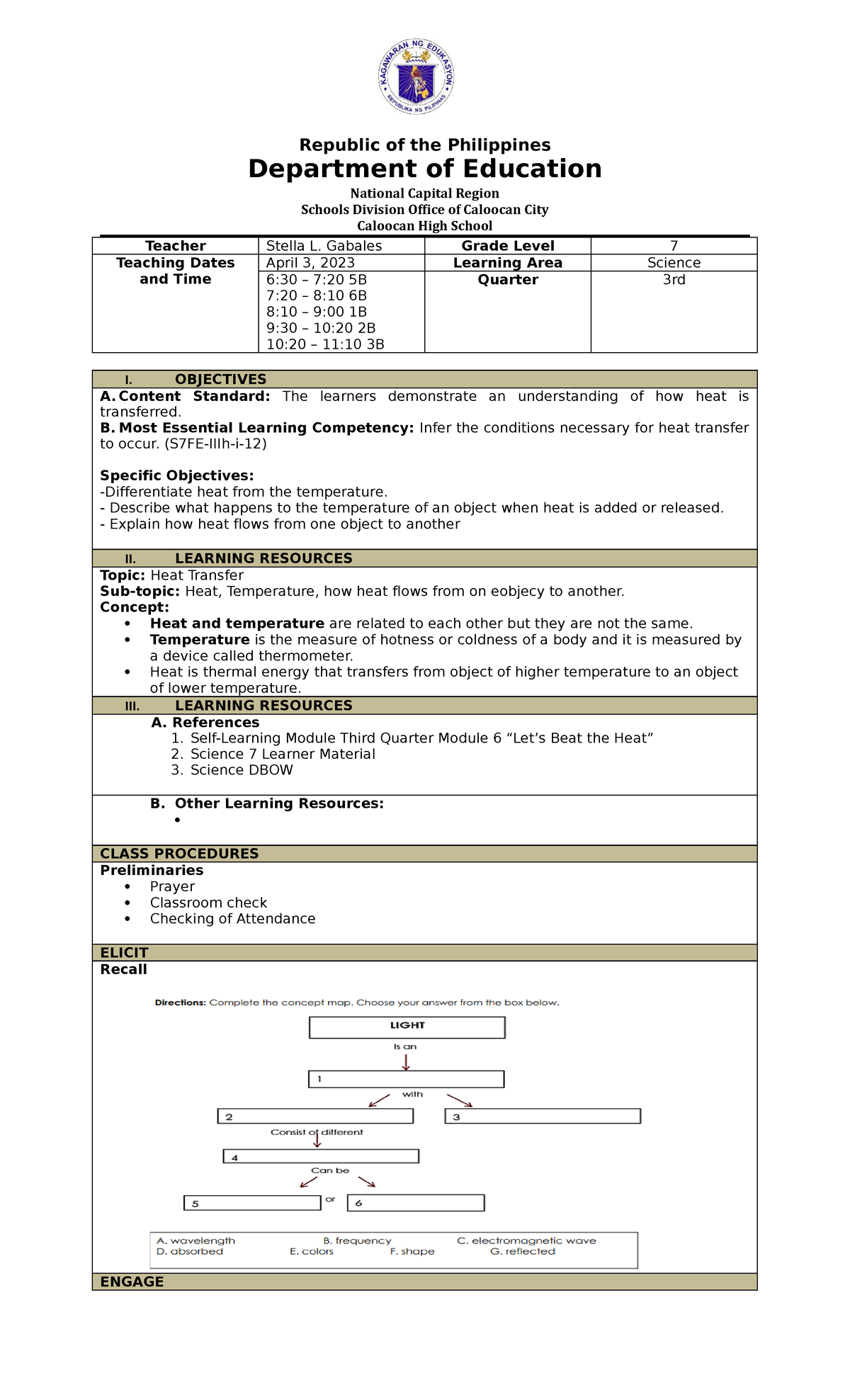 HEAT Transfer DAY 1 - Lesson Plan For Grade 7 - Republic Of The ...