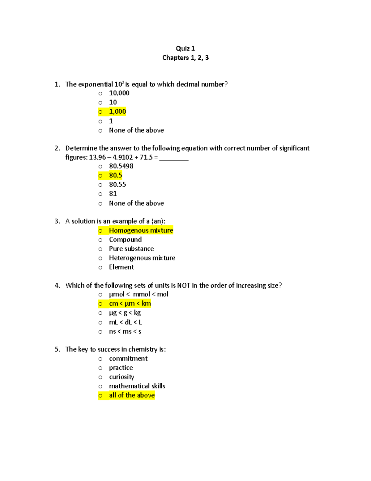 Quiz 1 - Chem 280 OL-A Dr. Slav - Chapters 1, 2, 3Quiz 1 The ...