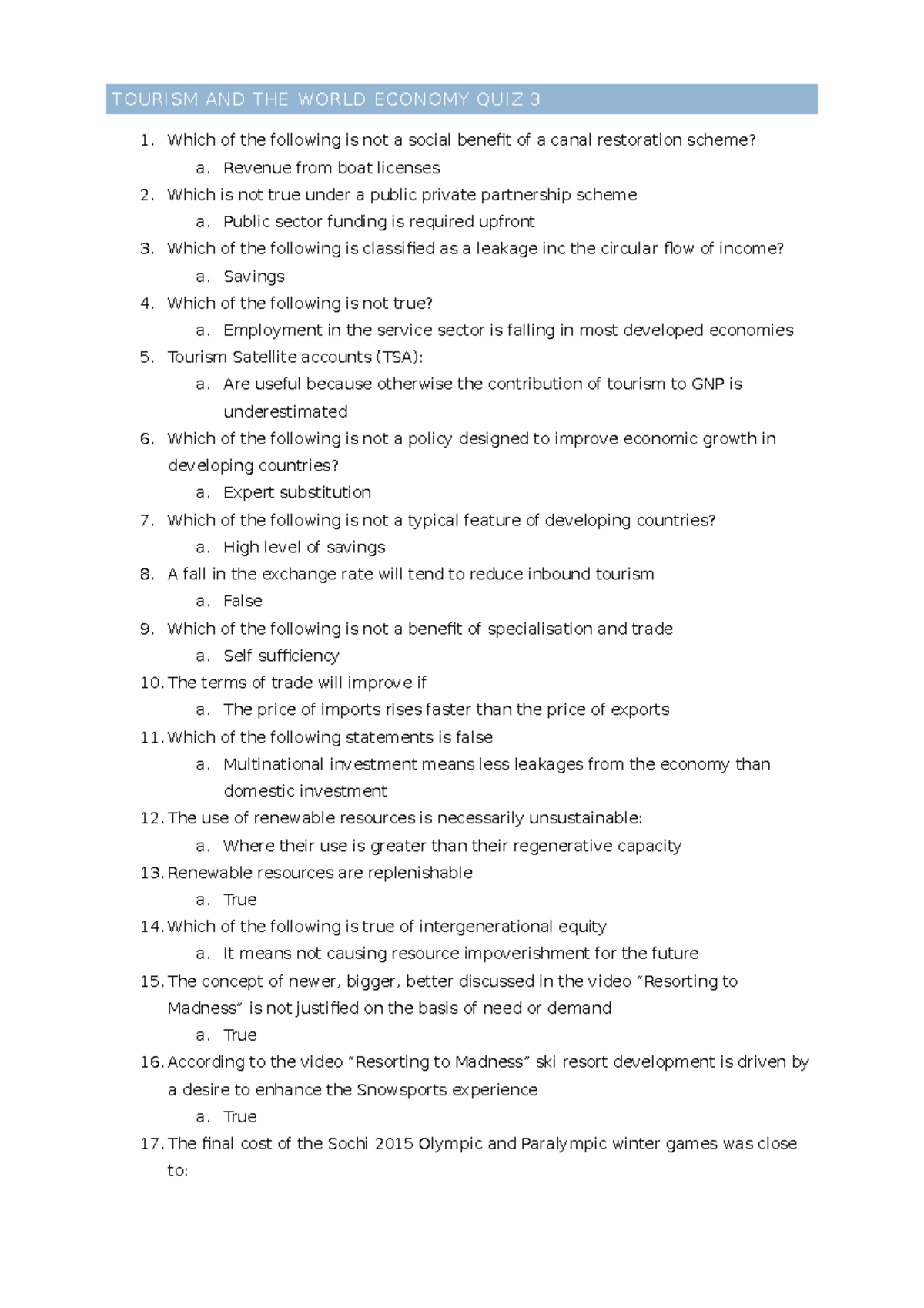 T&we Quiz 3 - Quiz 3 For Tourism And The World Economy. Topics 7 To 10 