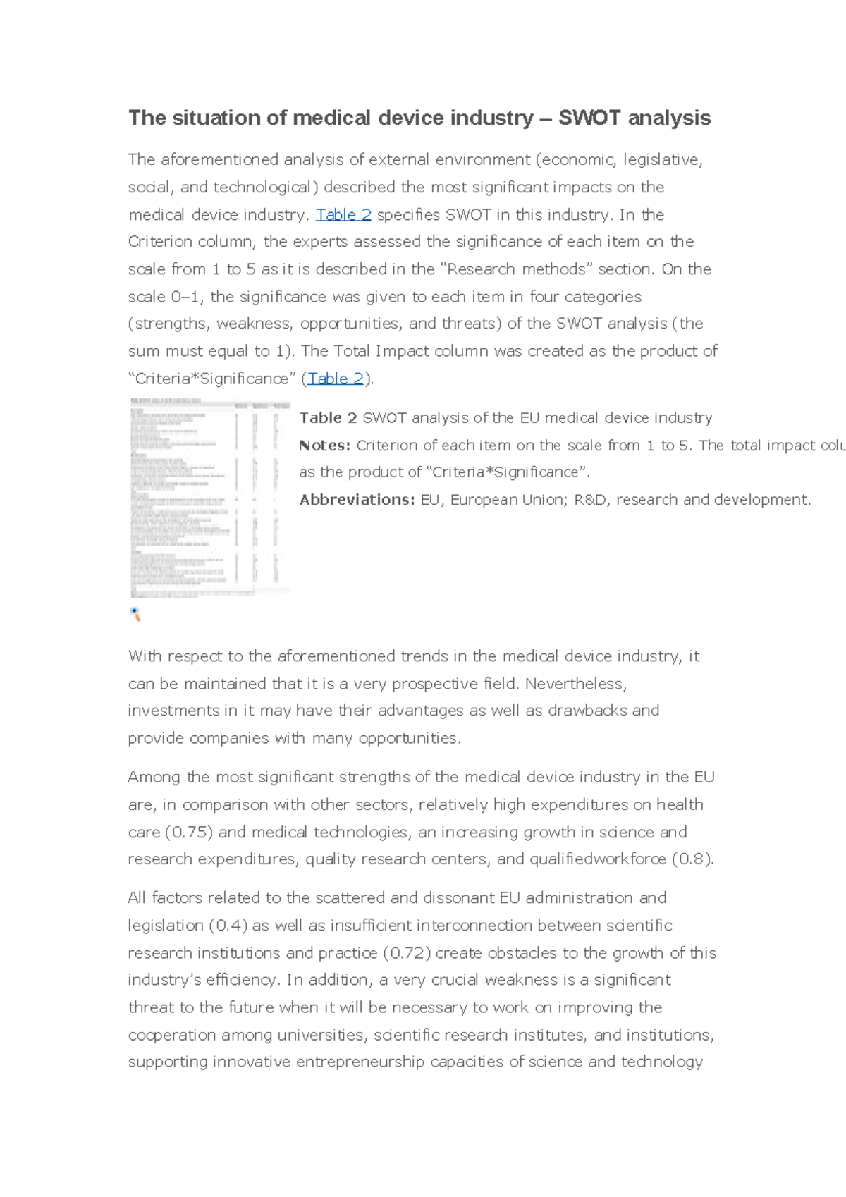 The situation of medical device industry Table 2 specifies SWOT in