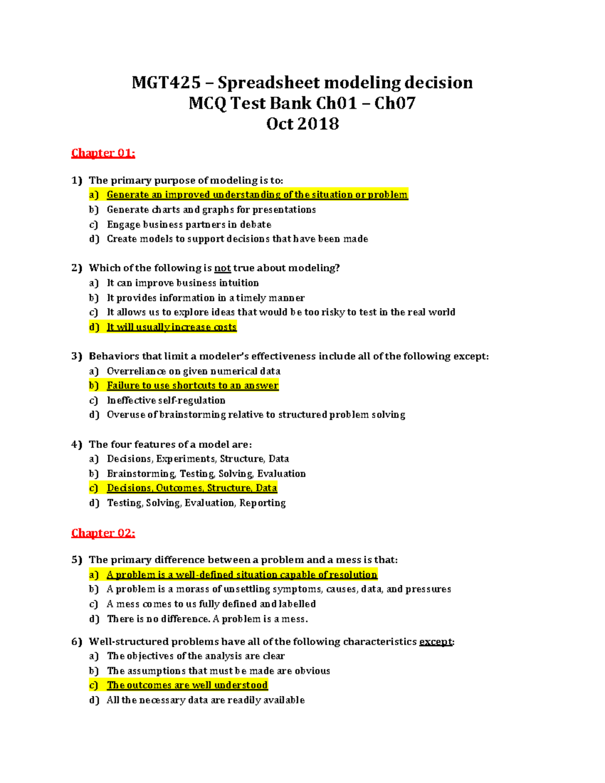 TB all ch Test bank of the book MGT425 Spreadsheet modeling decision MCQ Test Bank Ch01