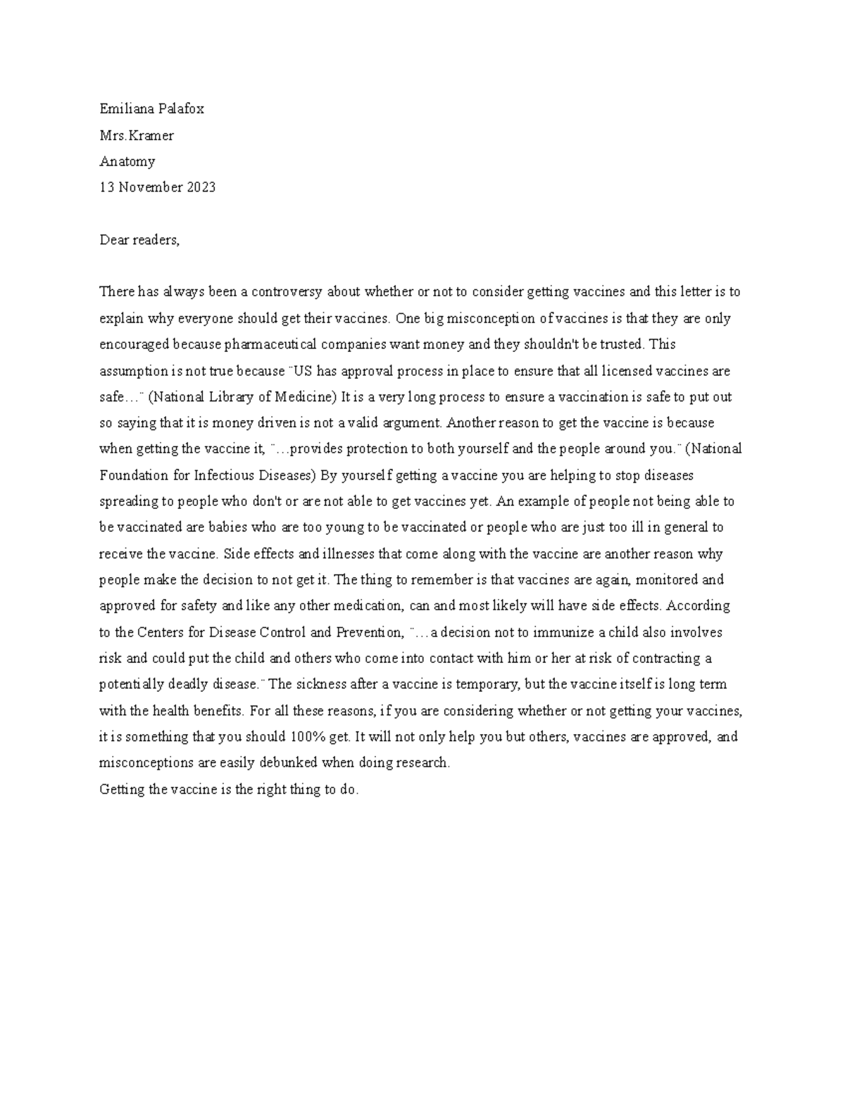 Vaccine Research Persuasive Letter - Emiliana Palafox Mrs Anatomy 13 ...