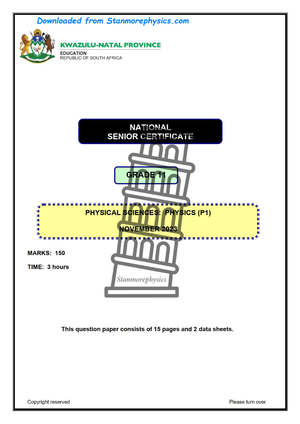 Physical Science Grade 11 November 2023 P1 and Memo