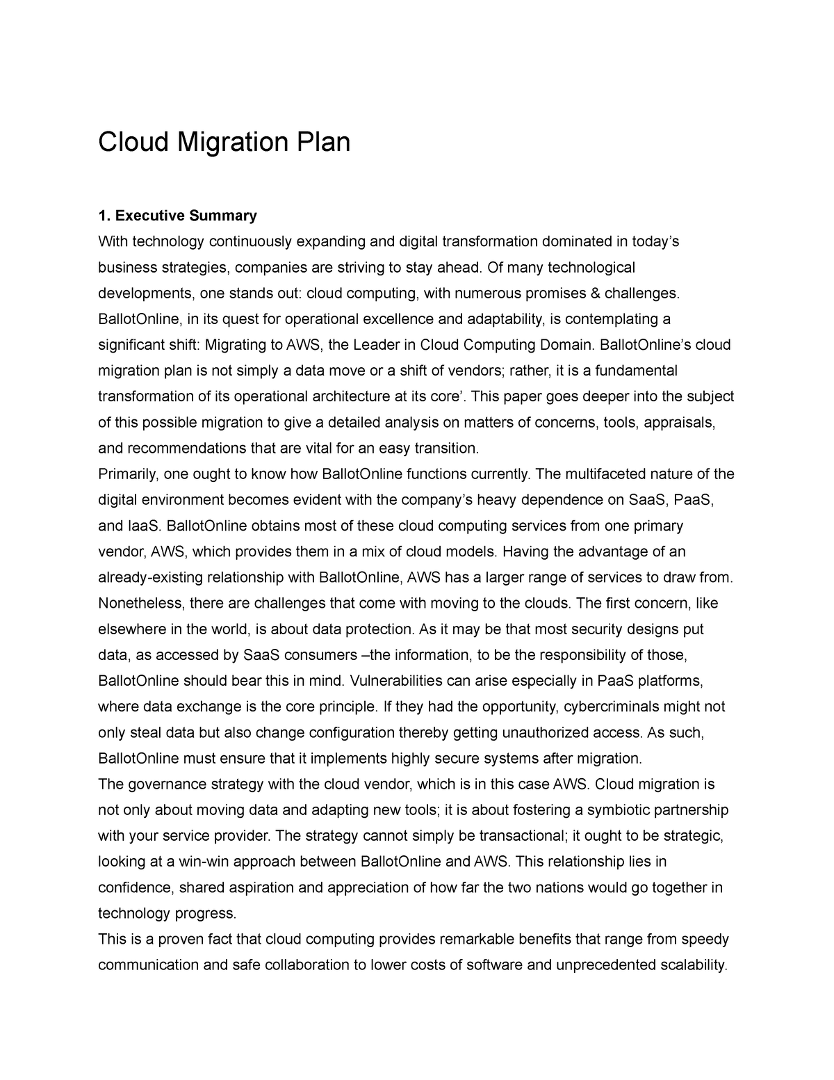 Cloud Migration Plan Template Cloud Migration Plan Executive Summary