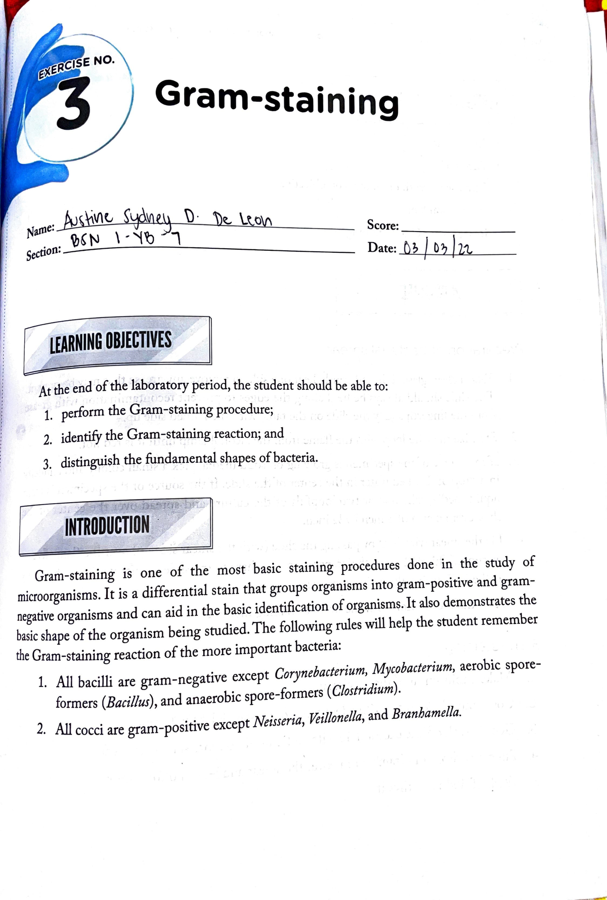 Exercise 3 Gram Staining - Gram-staining Score: -:- Date: D; / D2 ) 11 ...