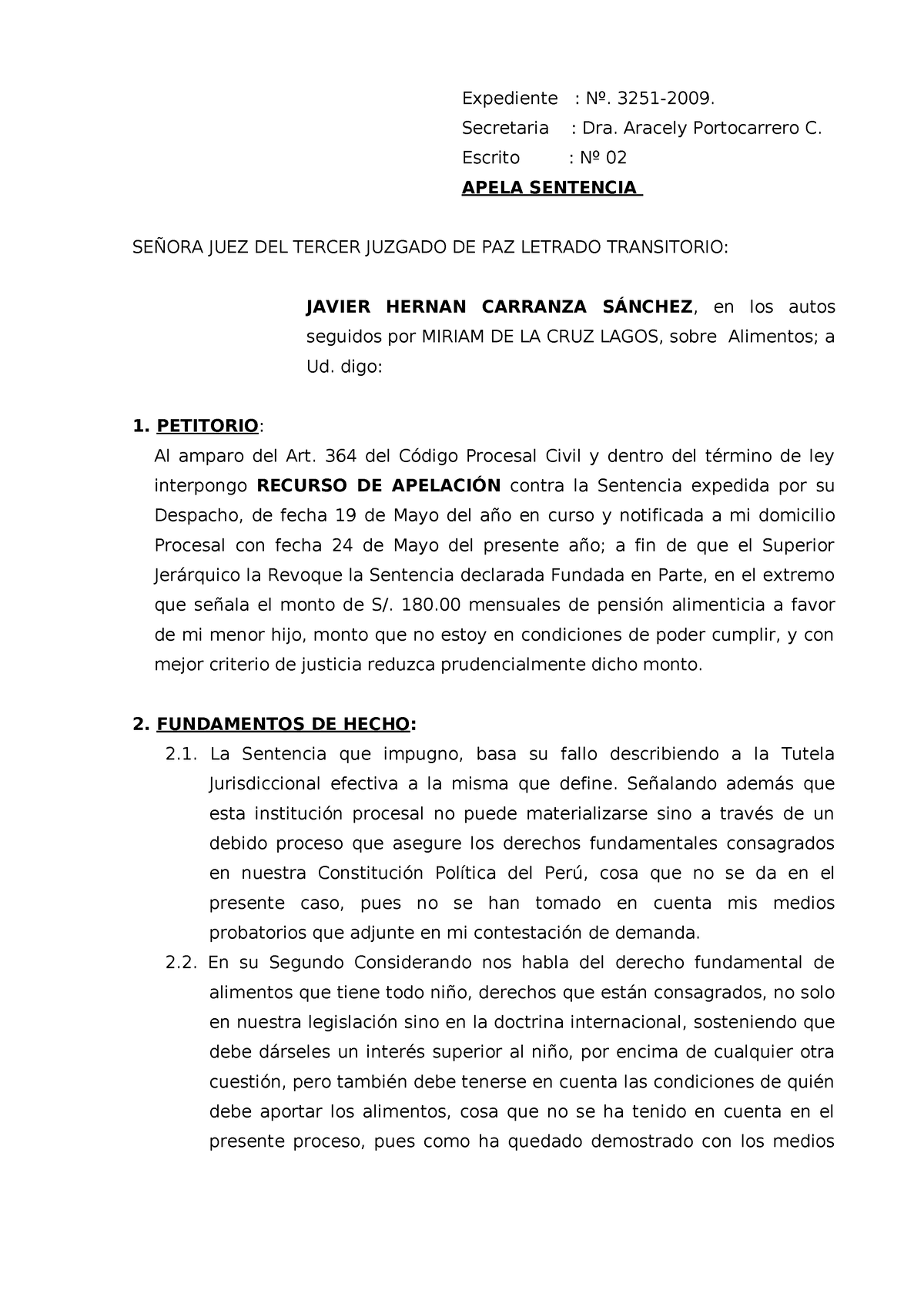 Apelación de Sentencia de Alimentos Expediente Nº. 32512009