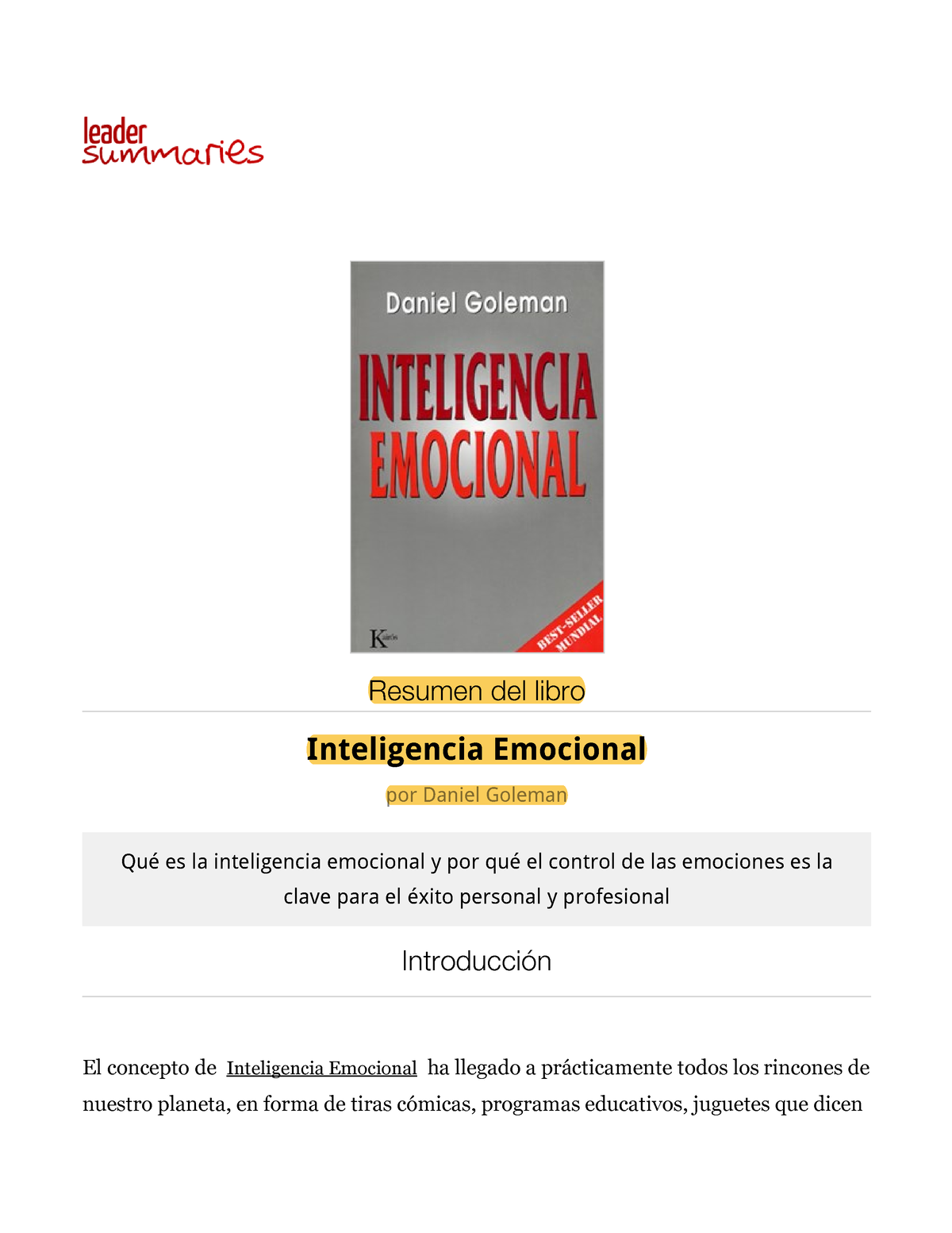 Inteligencia Emocional Resumen Del Libro De Daniel Goleman 1 - Resumen ...