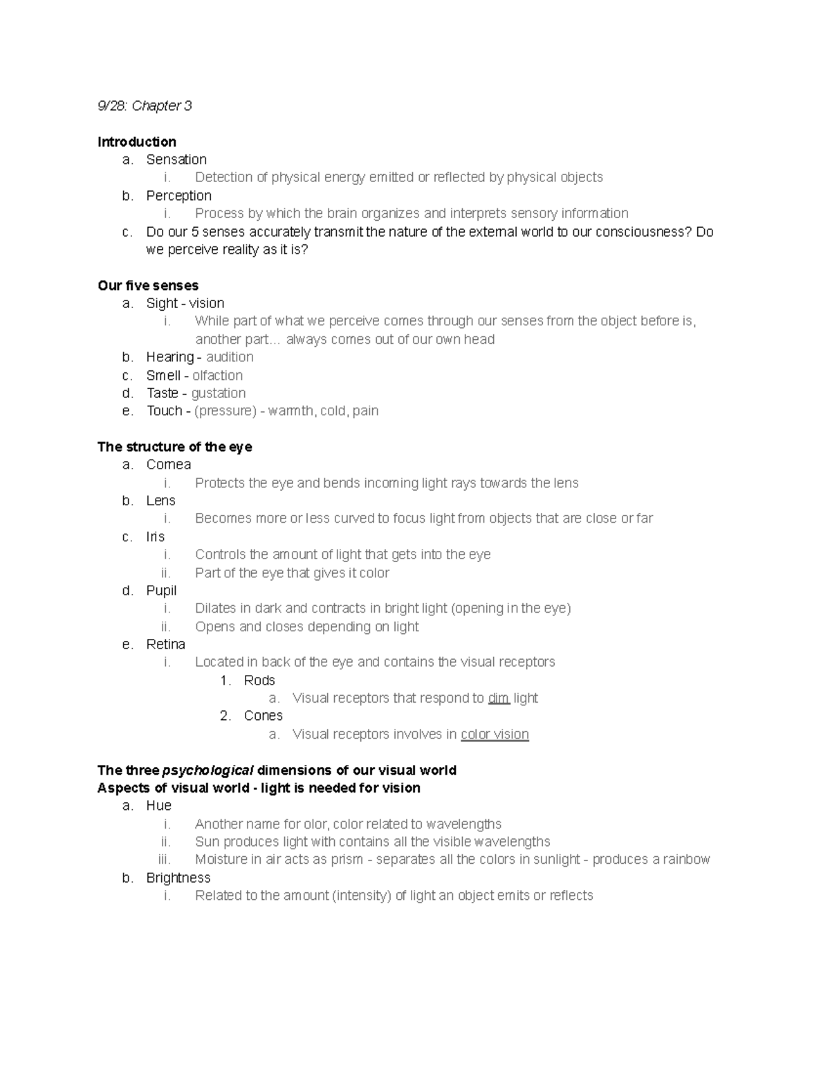 Chapter 3 Notes - 9/28: Chapter 3 Introduction a. Sensation i ...