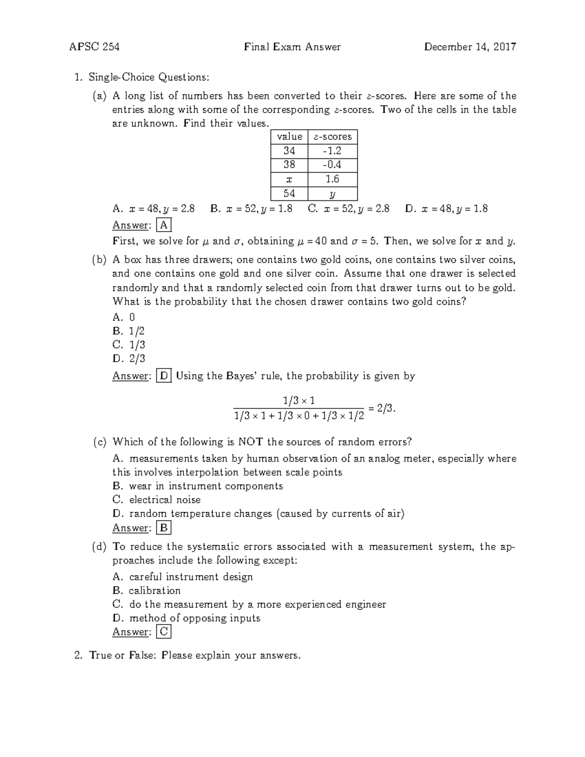 APSC 254 - Final Exam of Fall 2017 - APSC 254 Final Exam Answer ...