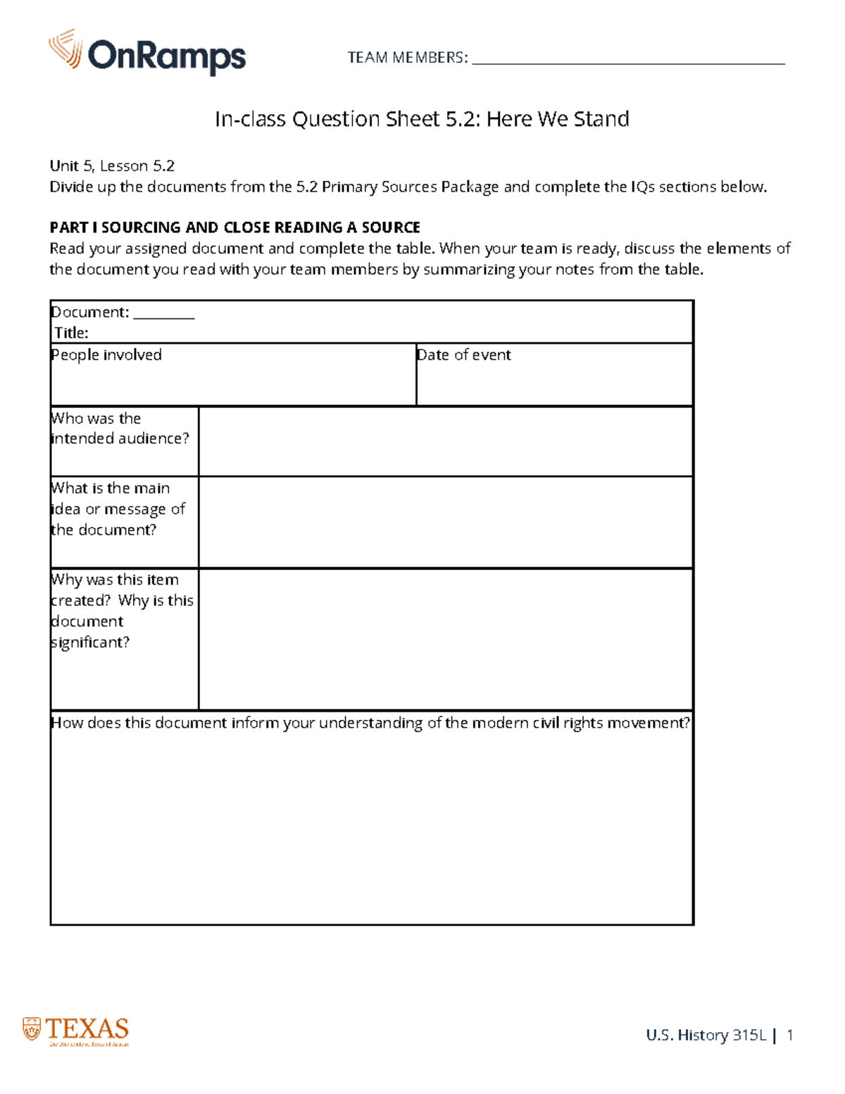 IQ 315L U5 L5 work Inclass Question Sheet 5 Here We Stand Unit 5