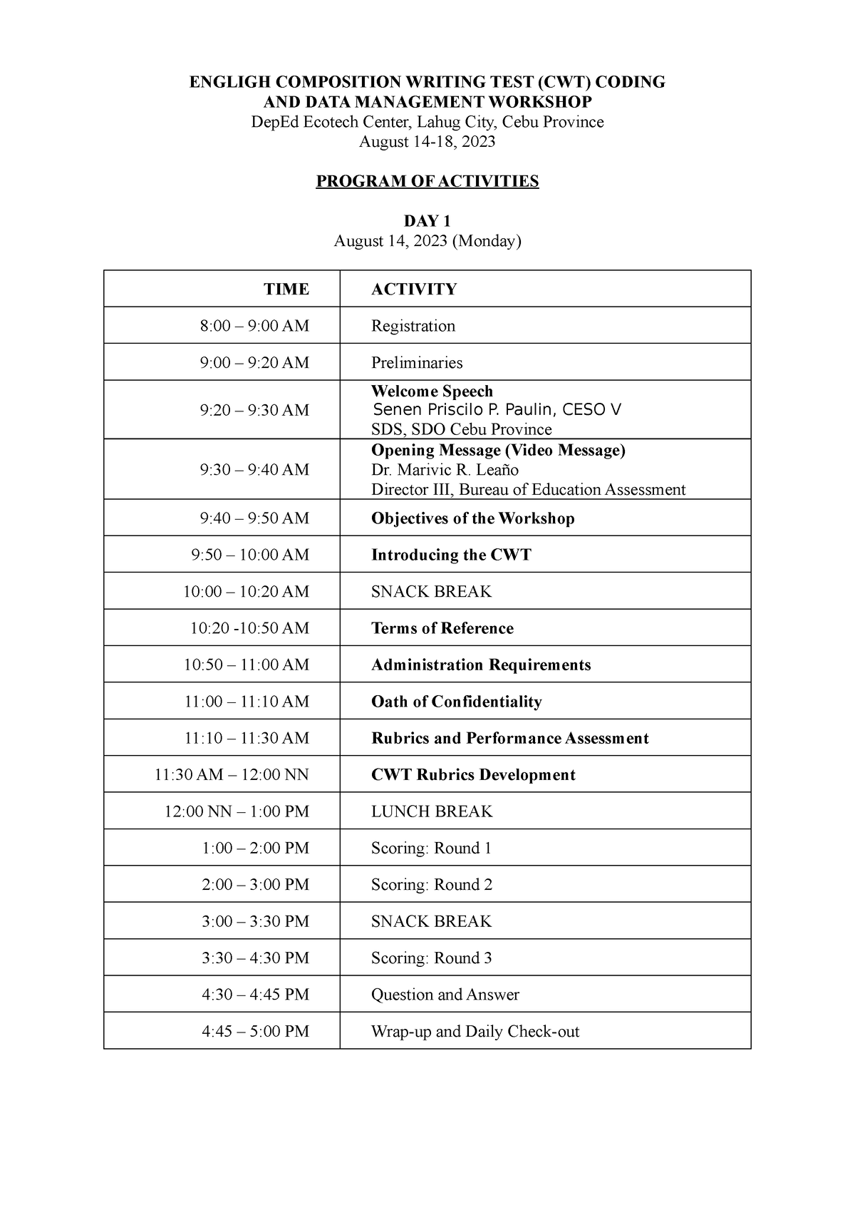 CWT Program of Activities 1 - ENGLIGH COMPOSITION WRITING TEST (CWT ...