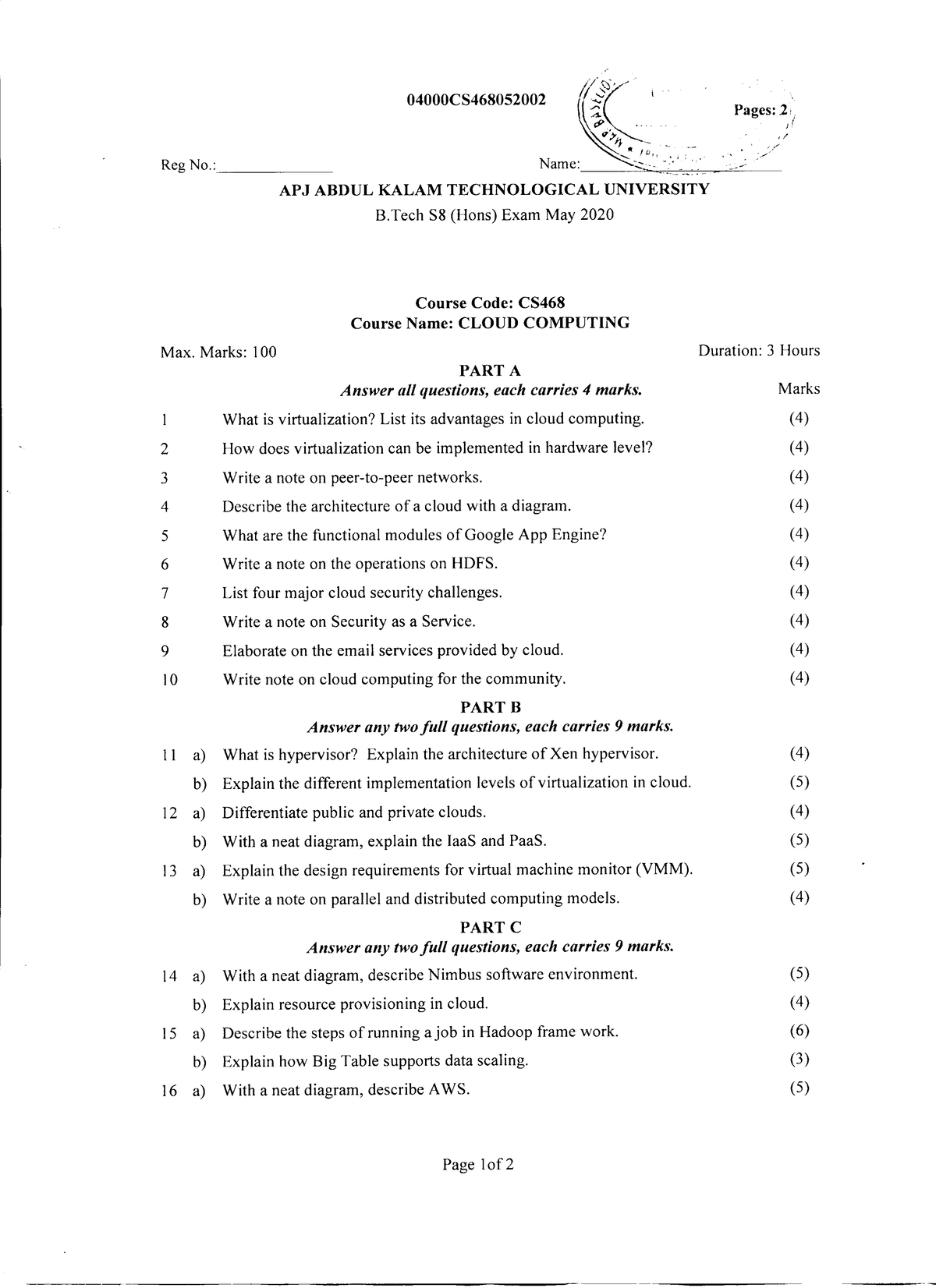 Cs468-b - Previous Year Question Paper - Cloud Computing - Studocu