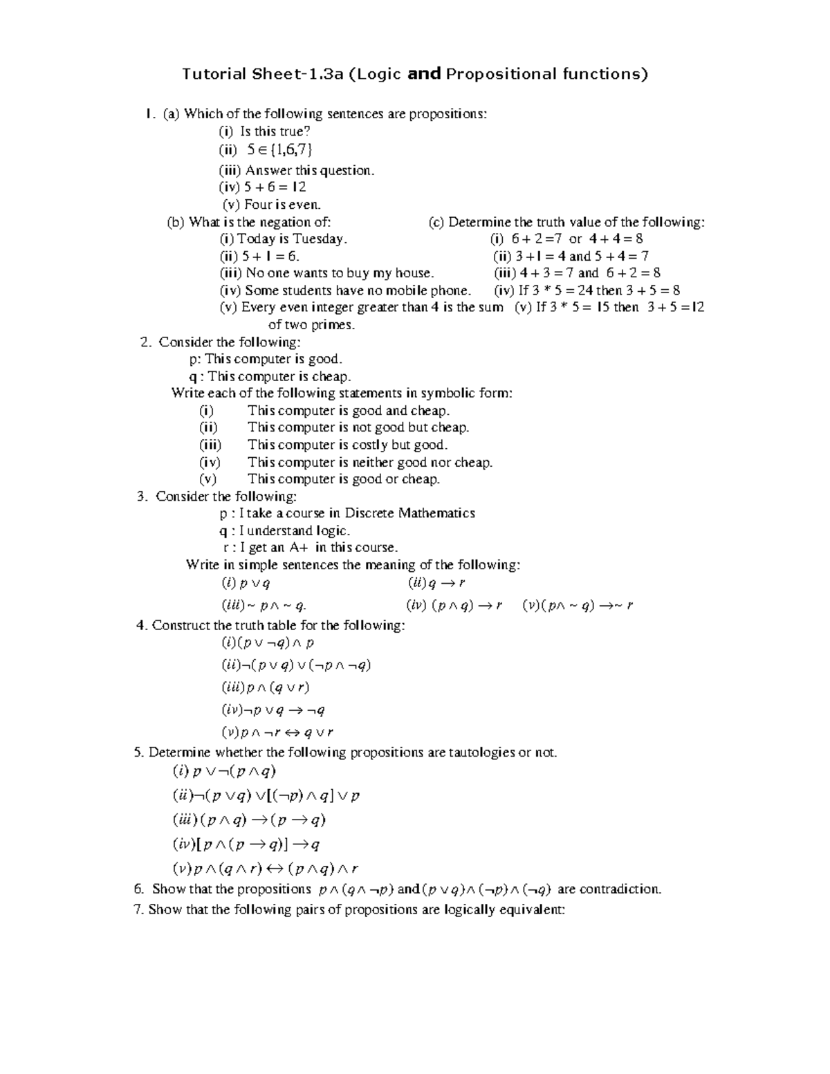 Tutorial Sheet 3 - Test - Tutorial Sheet-1 (Logic and Propositional ...