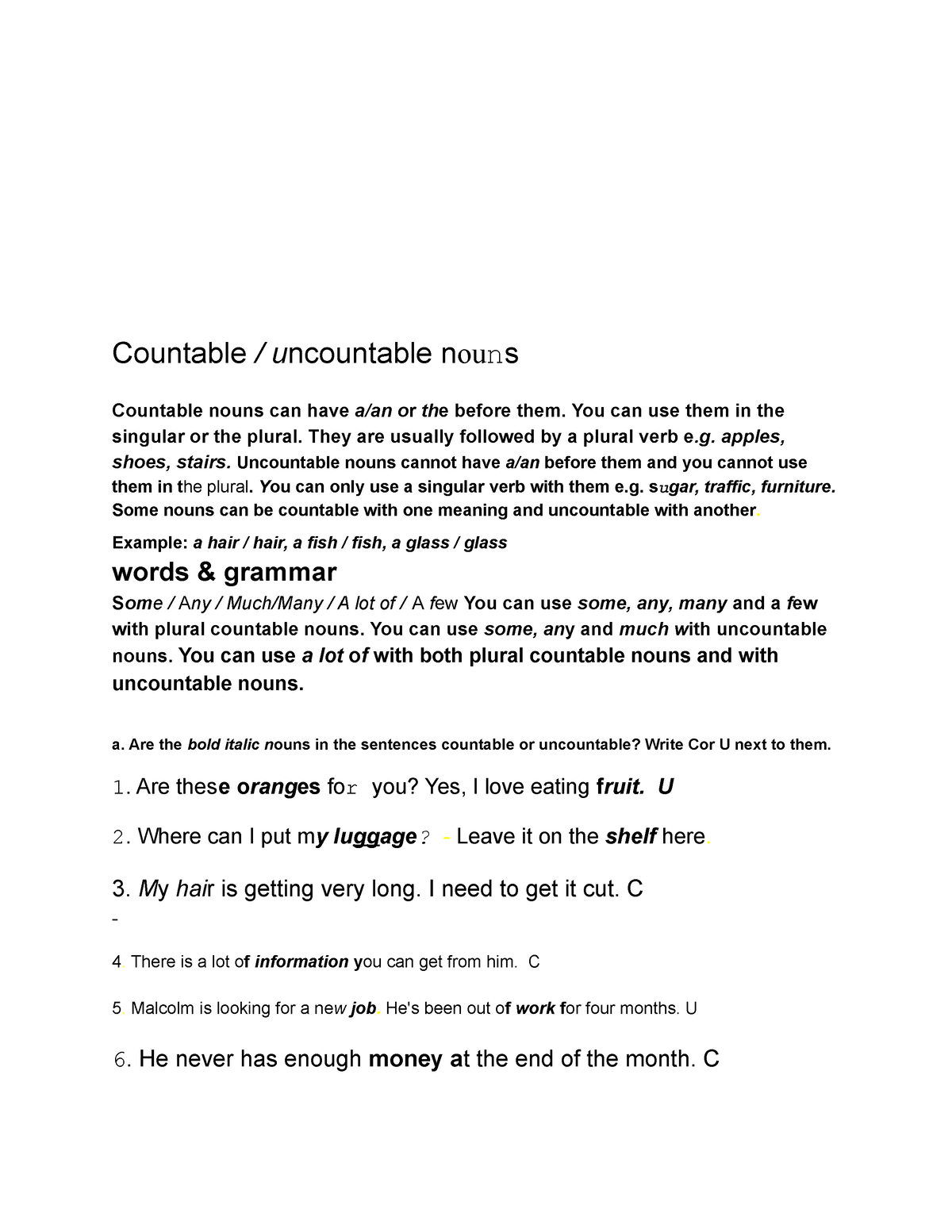 Copia de Countable and uncountable nouns-Copy - Countable / uncountable  nouns Countable nouns can - Studocu