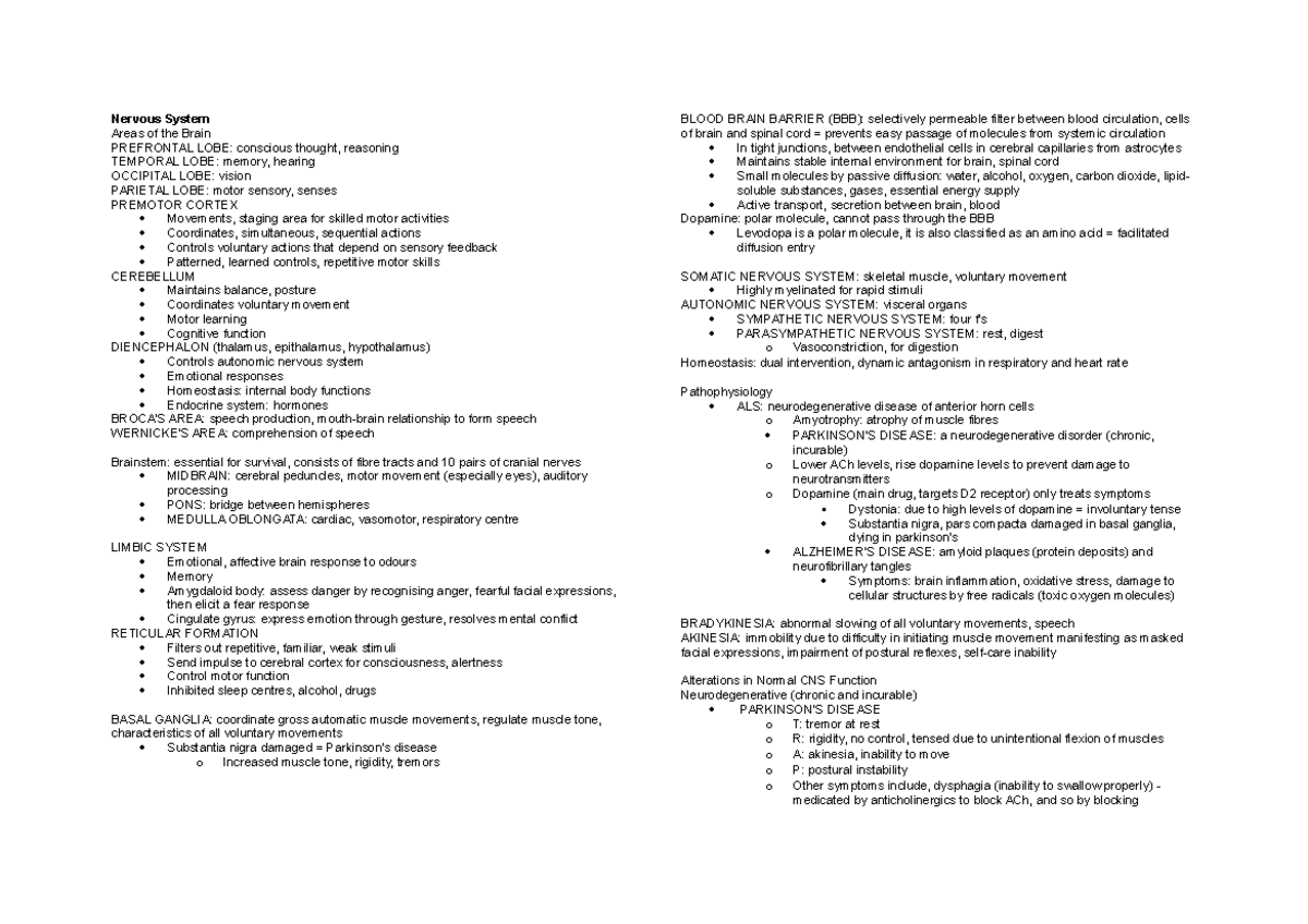 NURS5042 Notes (also includes drugs) - Nervous System Areas of the ...