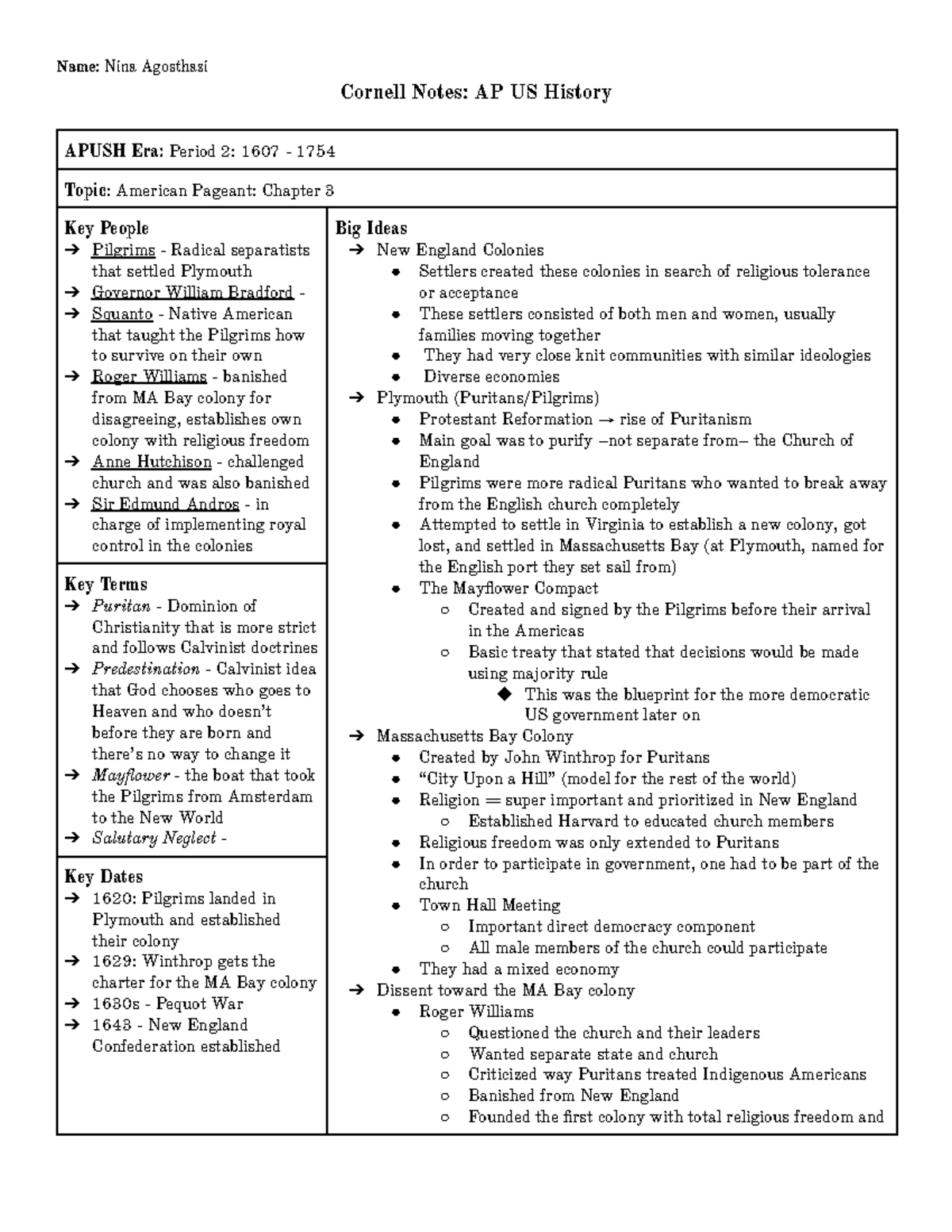 Apush Cornell Notes Period 2 Chapter 3 Name Nina Agosthazi Apush Cornell Notes Period 2 Chapter 3 Name Nina Agosthazi