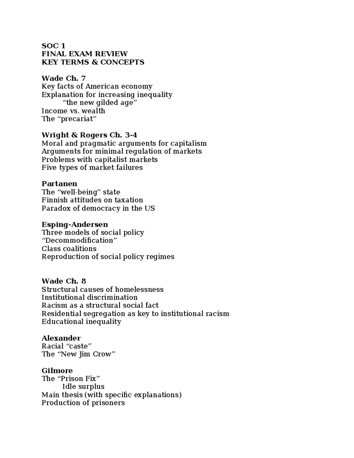 Soc 1 Final Study Guide S23 - SOC 1 FINAL EXAM REVIEW KEY TERMS ...