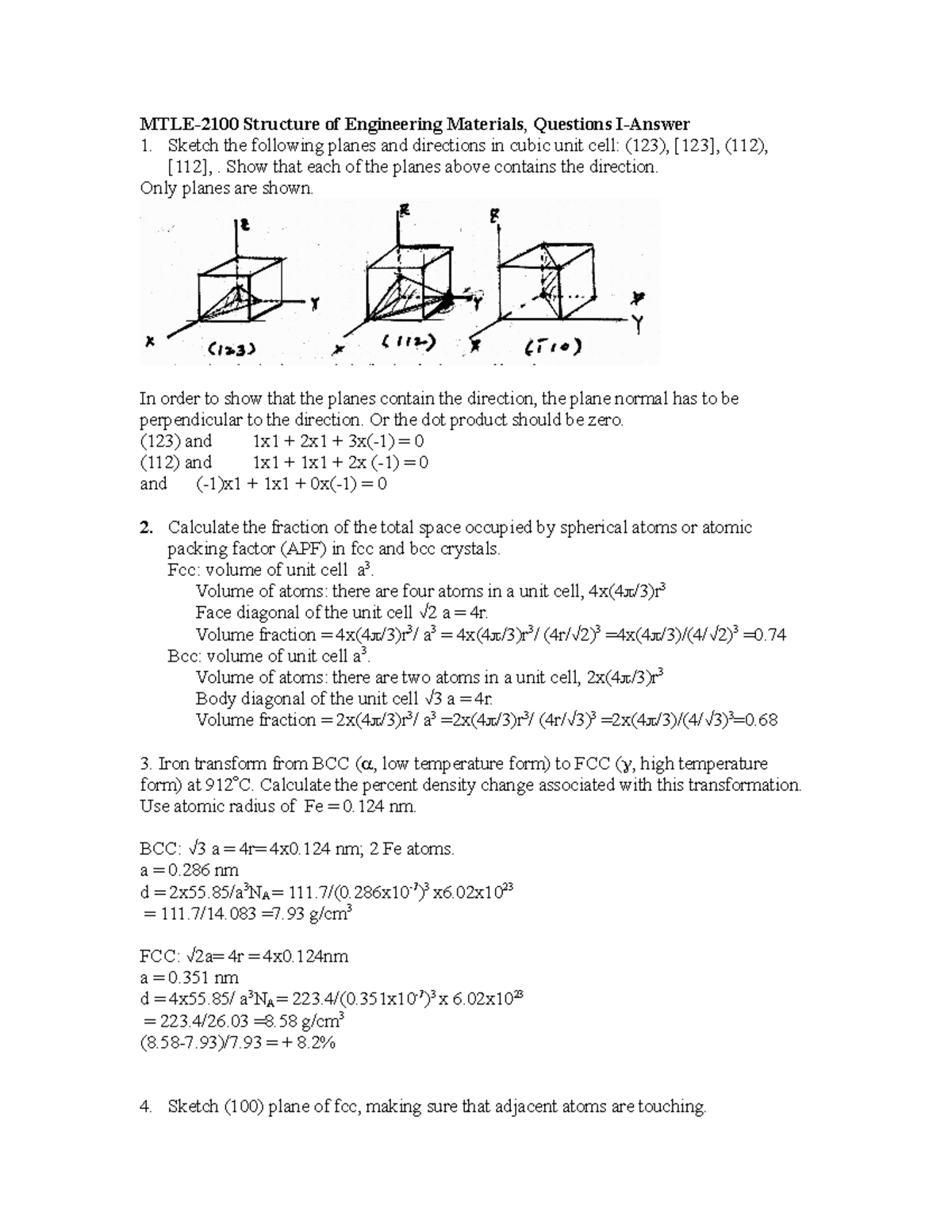 Structure homework MTLE2100 Structure of Engineering Materials, Questions IAnswer Sketch