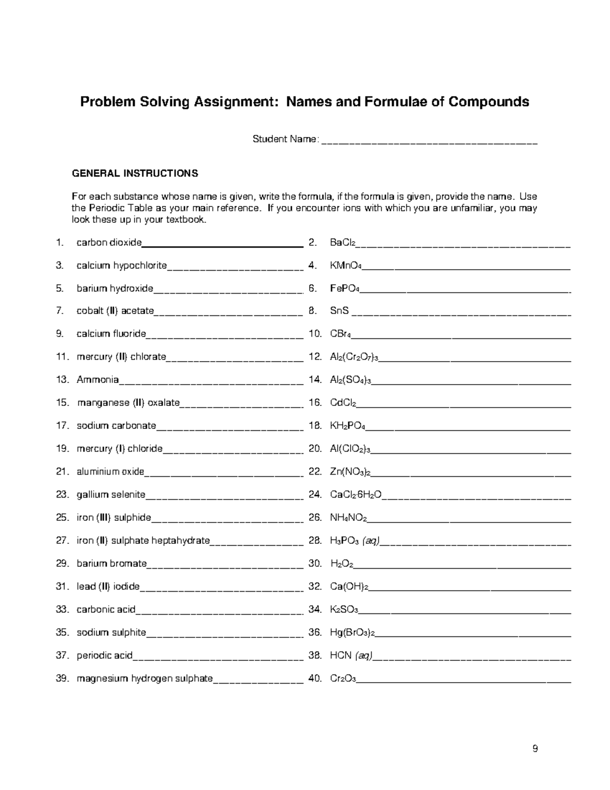 Assignment chem - wer - 9 Problem Solving Assignment: Names and ...