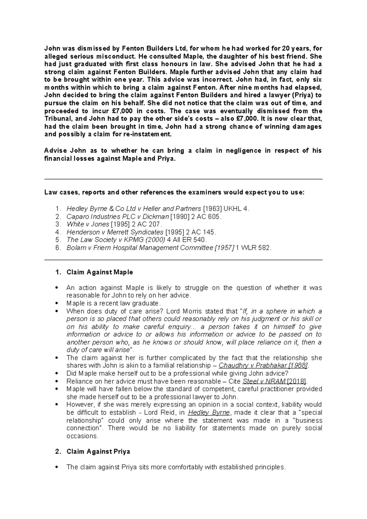 PEL Question Guidance John was dismissed by Fenton Builders Ltd