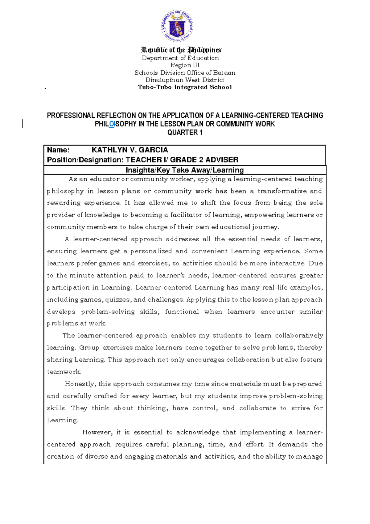 13 Reflection - Republic of the Philippines Department of Education ...