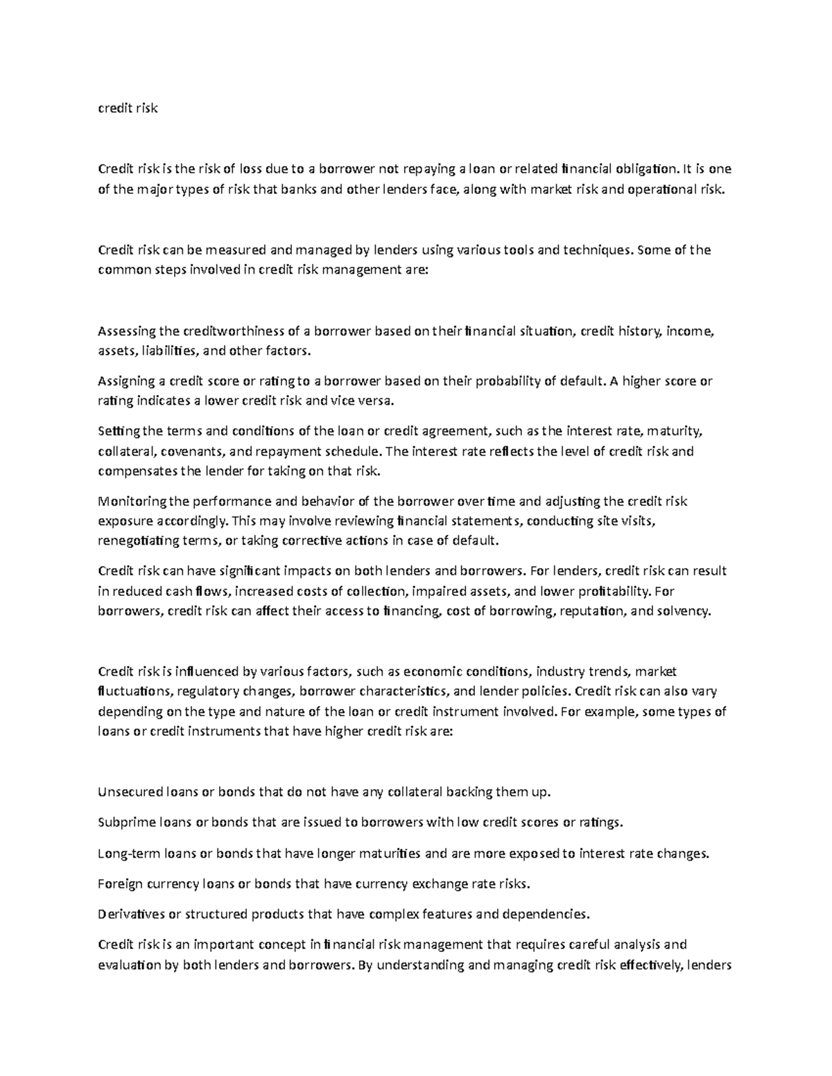Credit Risk Notes Credit Risk Credit Risk Is The Risk Of Loss Due