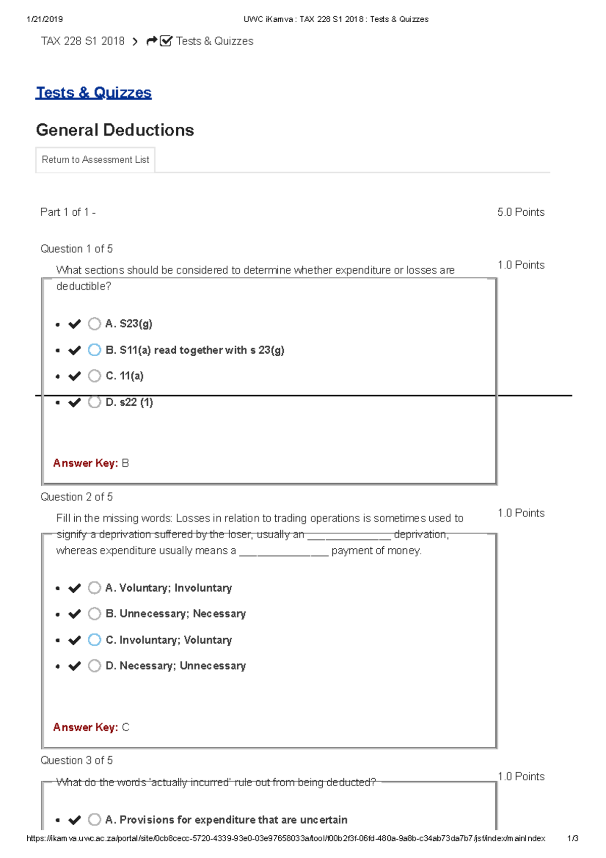 General Deductions quiz - 1/21/2019 UWC iKamva : TAX 228 S1 2018 ...