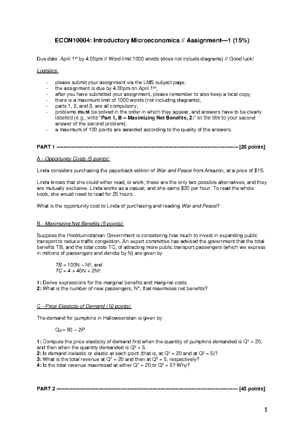 Assignment 1-Updated-v2 2 - 1 ECON10004: Introductory Microeconomics ...