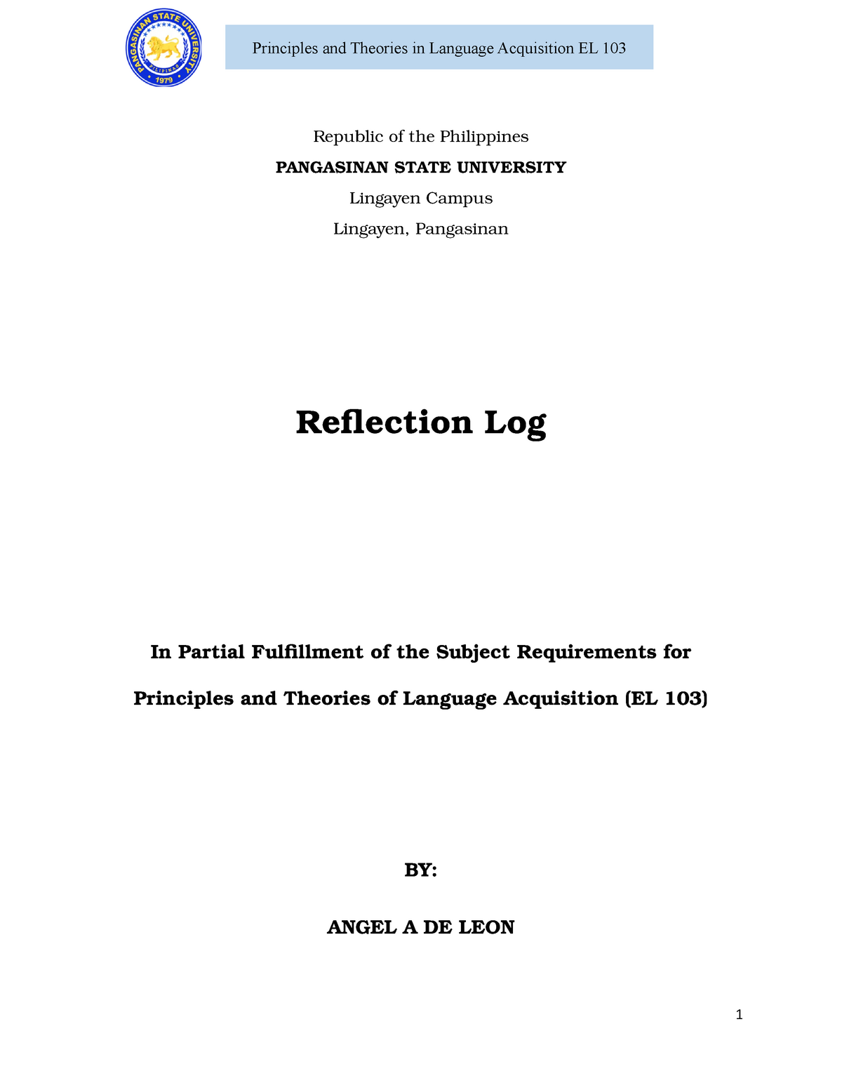 Reflection Log Angel - BS. Education - PangSU - Studocu