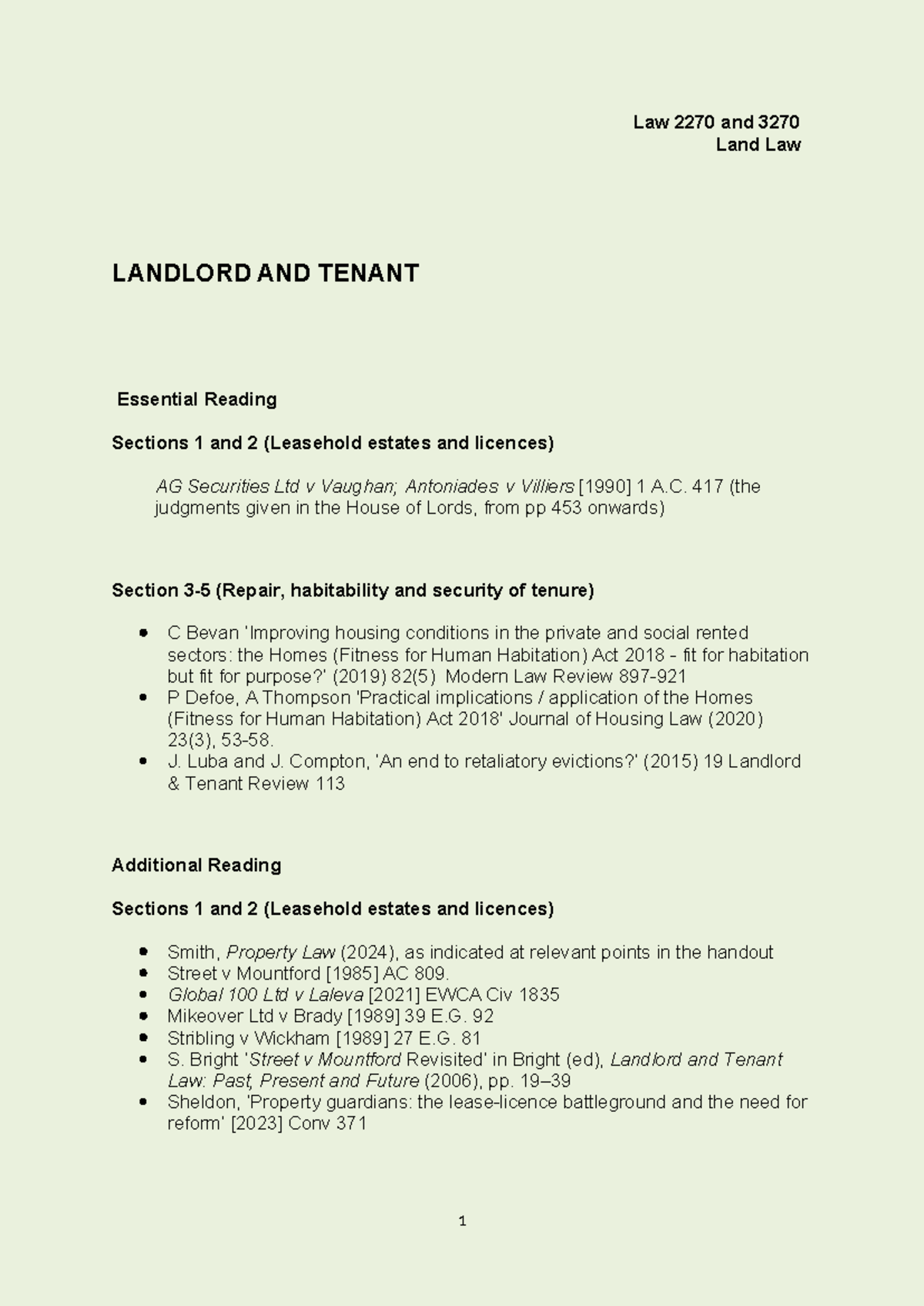 Land Landlord and Tenant handout - Law 2270 and 3270 Land Law LANDLORD ...