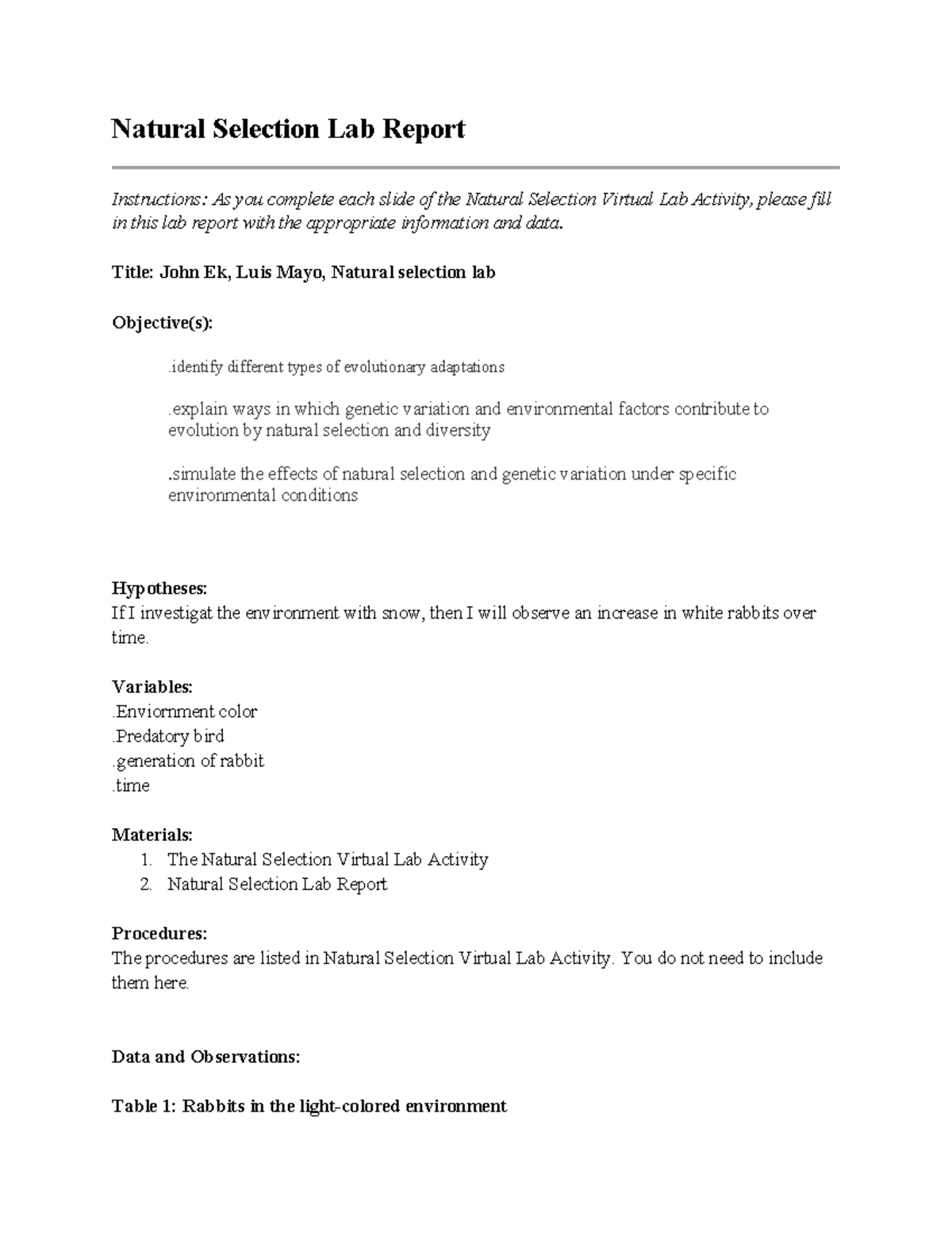 5 02 Natural Selection Lab Report Natural Selection Lab Report 5 02 Natural Selection Lab Report Natural Selection Lab Report