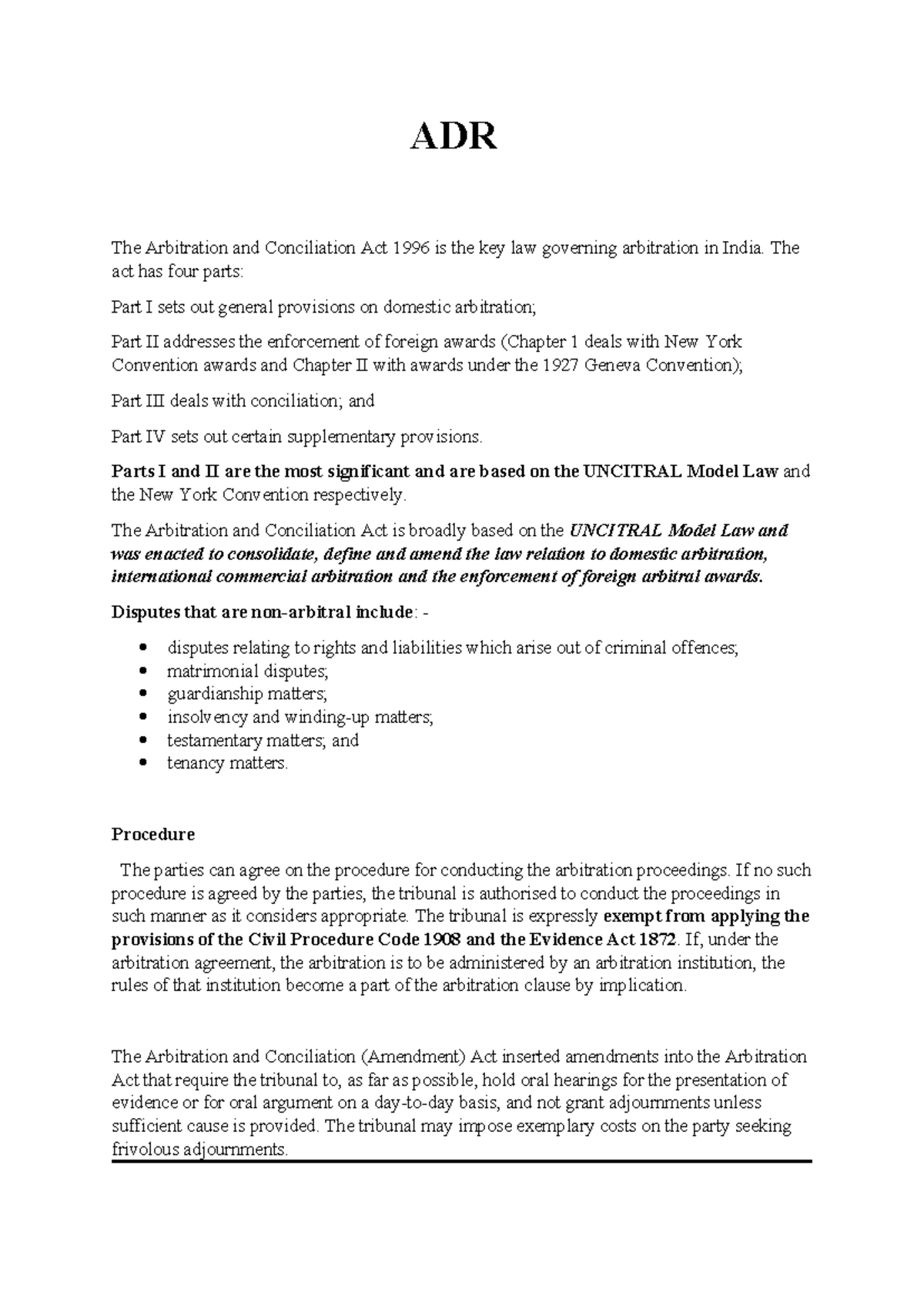 Labour and Industrial Law - ADR The Arbitration and Conciliation Act ...