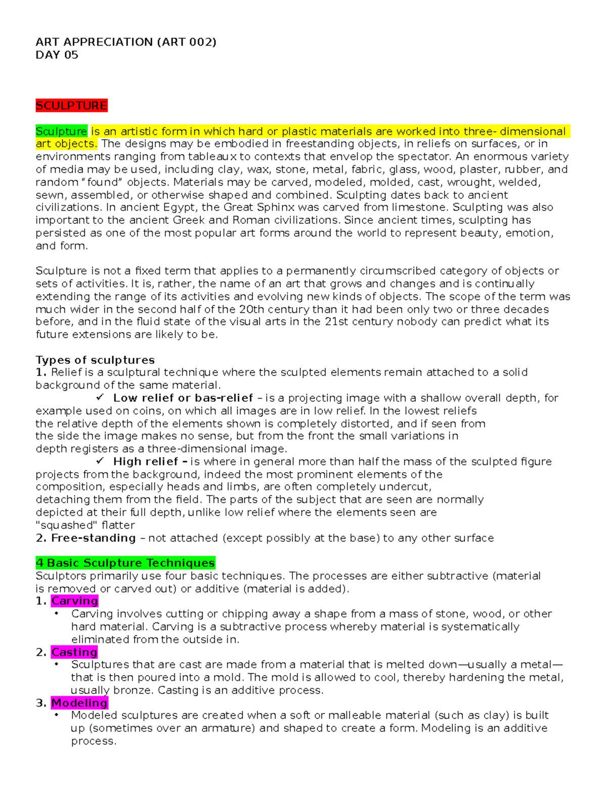 ART Appreciation DAY 05 ART APPRECIATION (ART 002) DAY 05 SCULPTURE