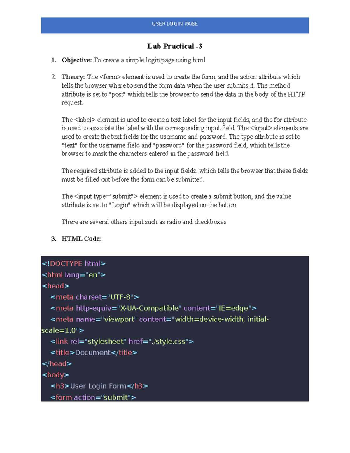 3. Login Form - Notes - Lab Practical - Objective: To create a simple ...