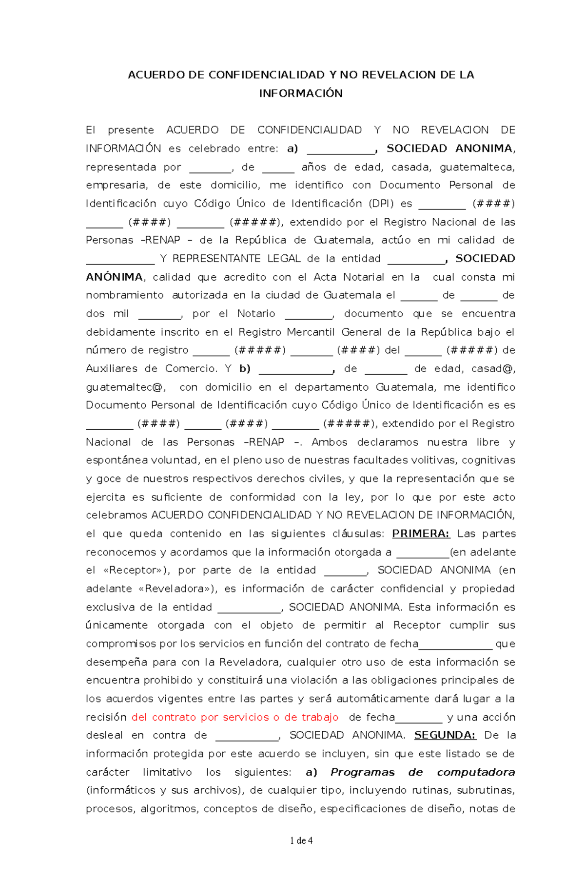 Acuerdo de Confidencialidad Formato - ACUERDO DE CONFIDENCIALIDAD Y NO  REVELACION DE LA INFORMACIÓN - Studocu