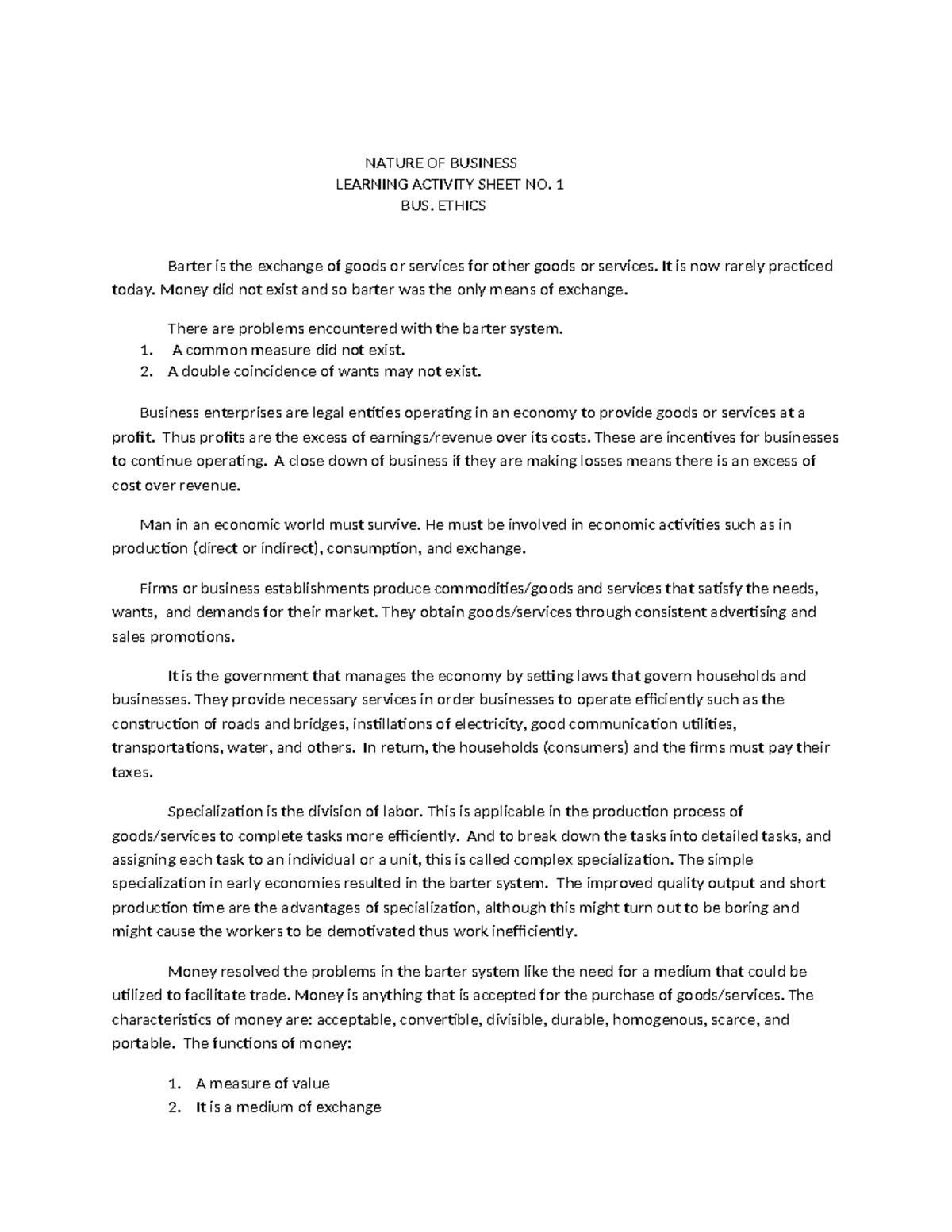 1.- Nature-OF- Business - NATURE OF BUSINESS LEARNING ACTIVITY SHEET NO ...