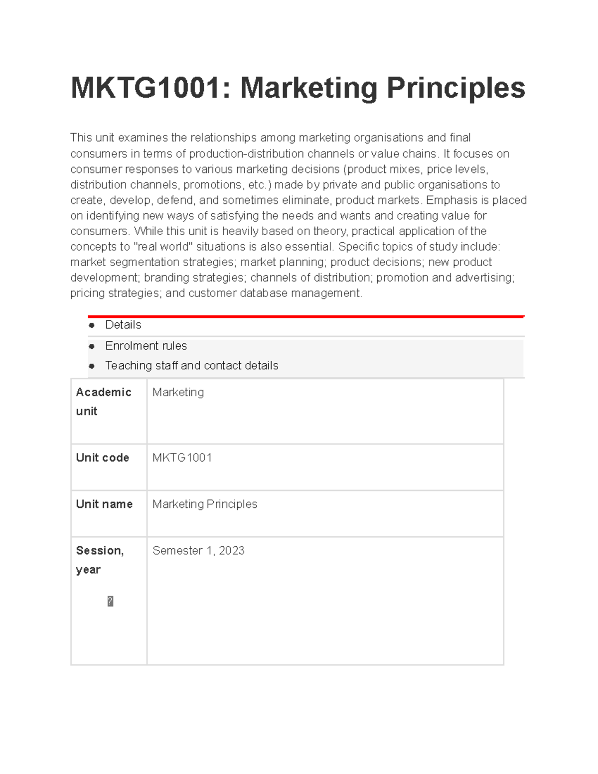 MKTG1001 Marketing Principles Course Outline - MKTG1001: Marketing ...