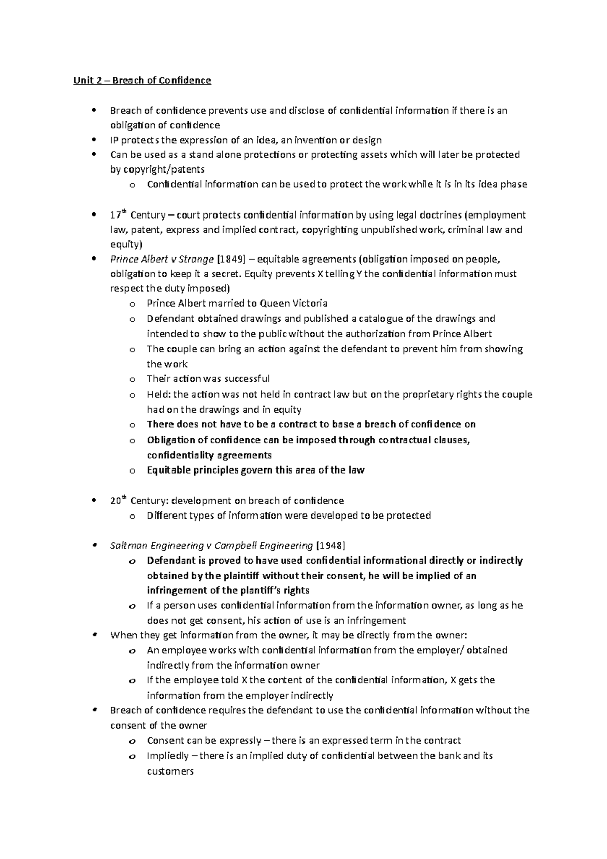 Week 2 Breach of Confidence - Unit 2 – Breach of Confidence Breach of ...