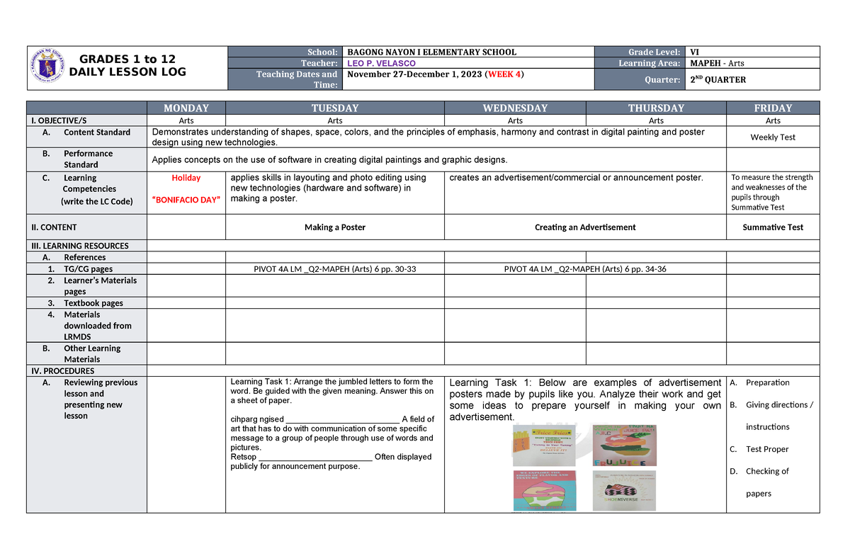 DLL Mapeh-6 Q2 W4 (Arts) M - GRADES 1 To 12 DAILY LESSON LOG School ...