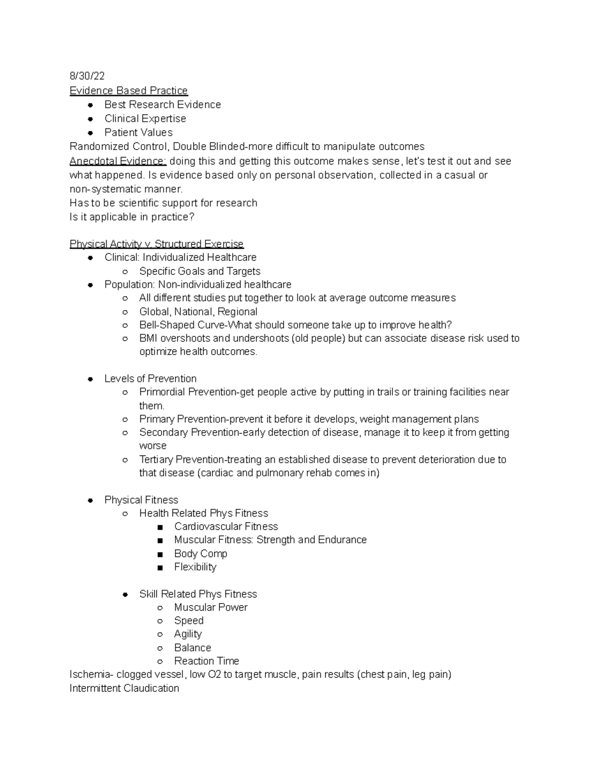 Fitness Assessment and Prescription Notes - 8/30/ Evidence Based ...