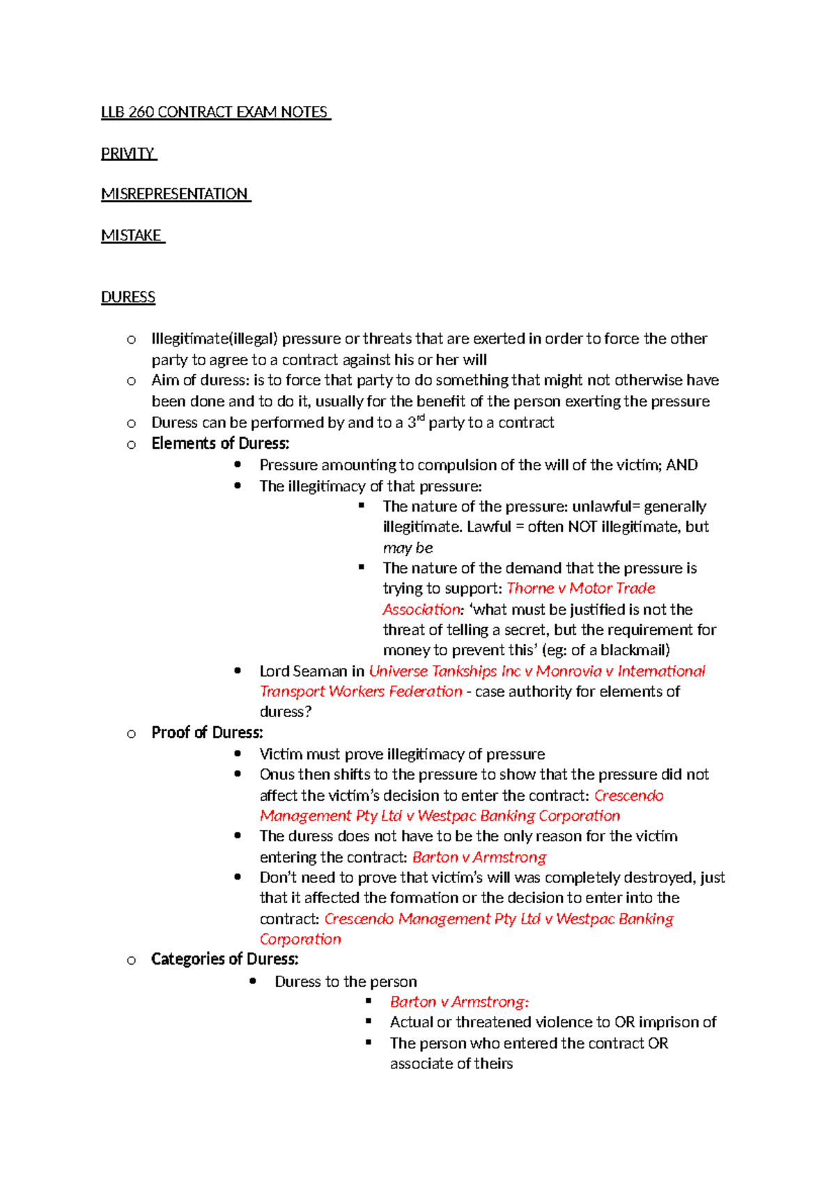 LLB 260 Contract EXAM Notes - LLB 260 CONTRACT EXAM NOTES PRIVITY ...