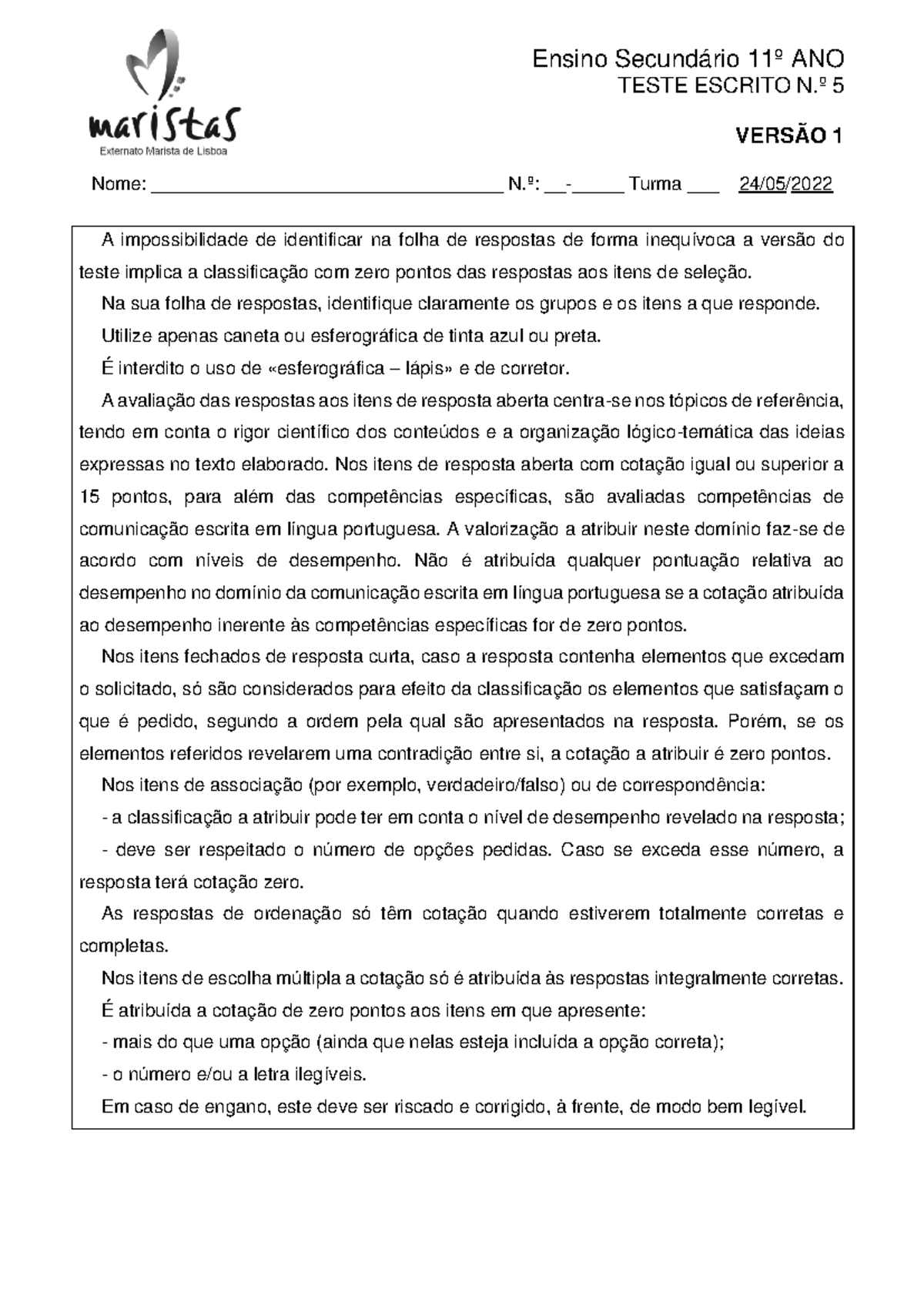 Teste escrito 5 - 24 mai 22 V1 CC - Ensino Secundário 1 1 º ANO TESTE ...