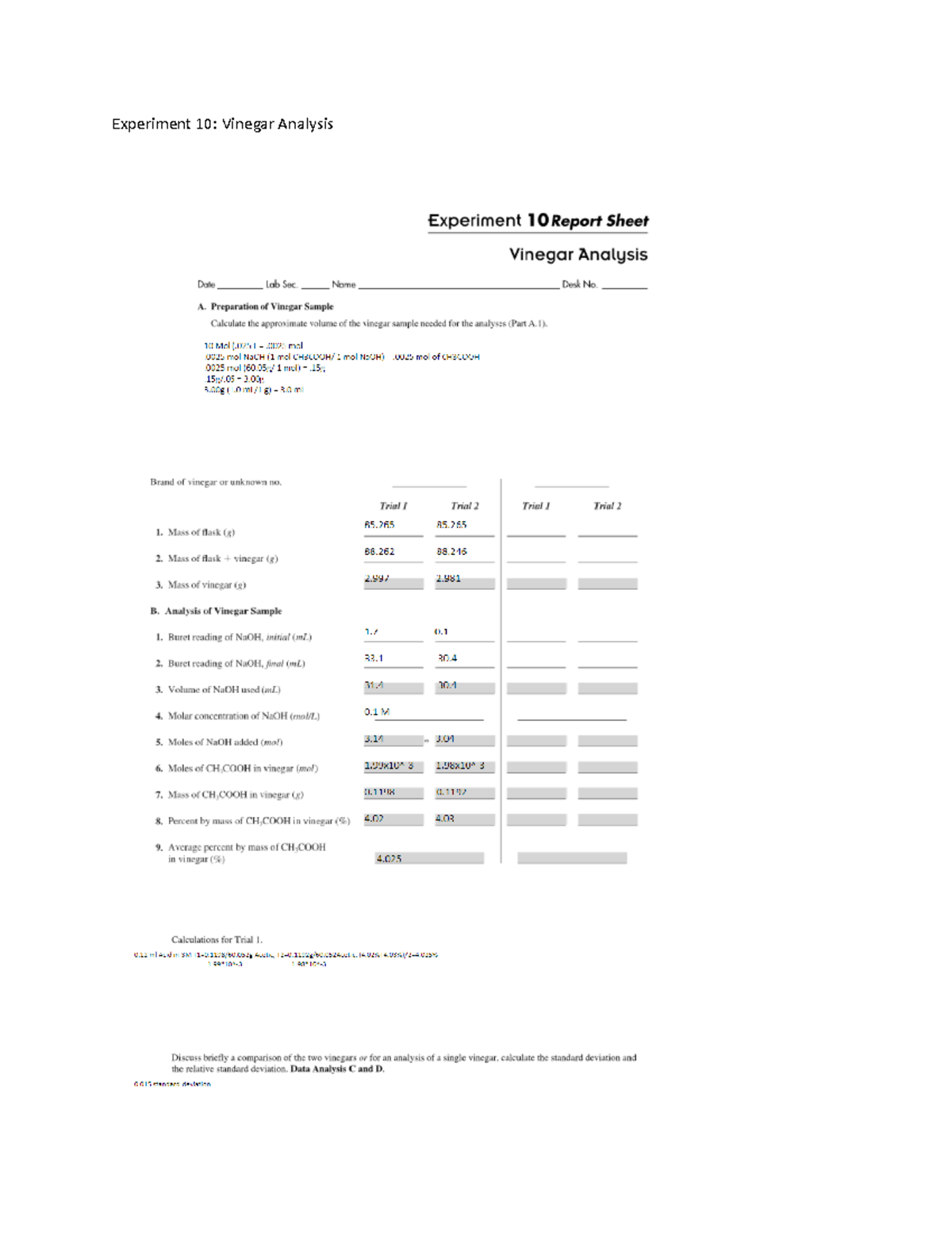 Experiment 10 Vinegar Analysis CH 102 Experiment 10 Vinegar