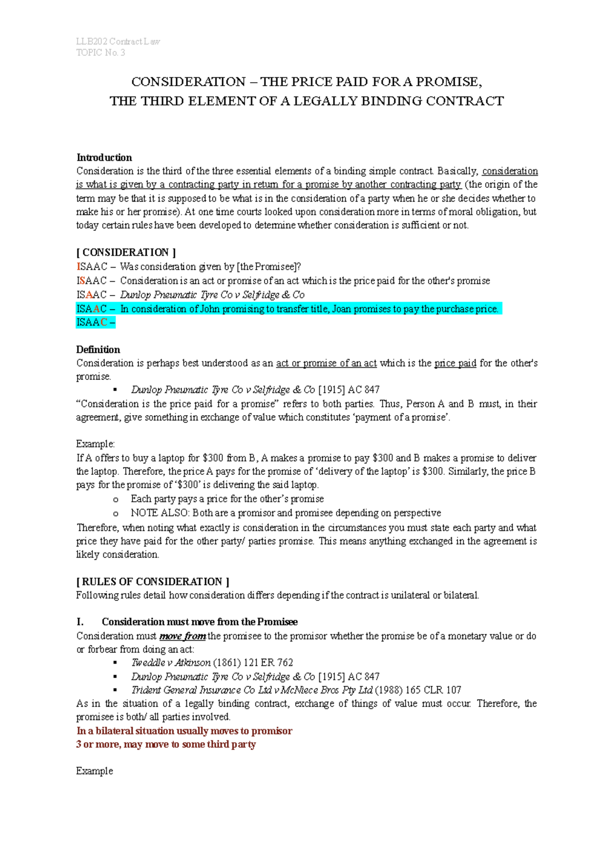 LLB202 Contract Law LEC 3 - TOPIC No. 3 CONSIDERATION – THE PRICE PAID ...